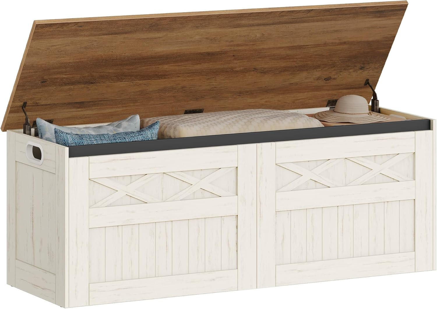 47.2" Storage Chest, Large Storage Bench with 2 Hinges, Farmhouse Wooden Box Ben