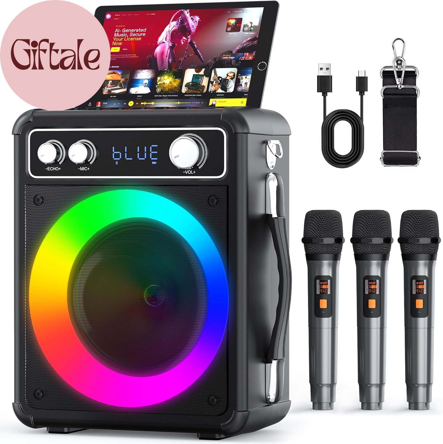 Karaoke Machine with 3 Wireless Rechargeable Microphones, Portable Bluetooth Spe