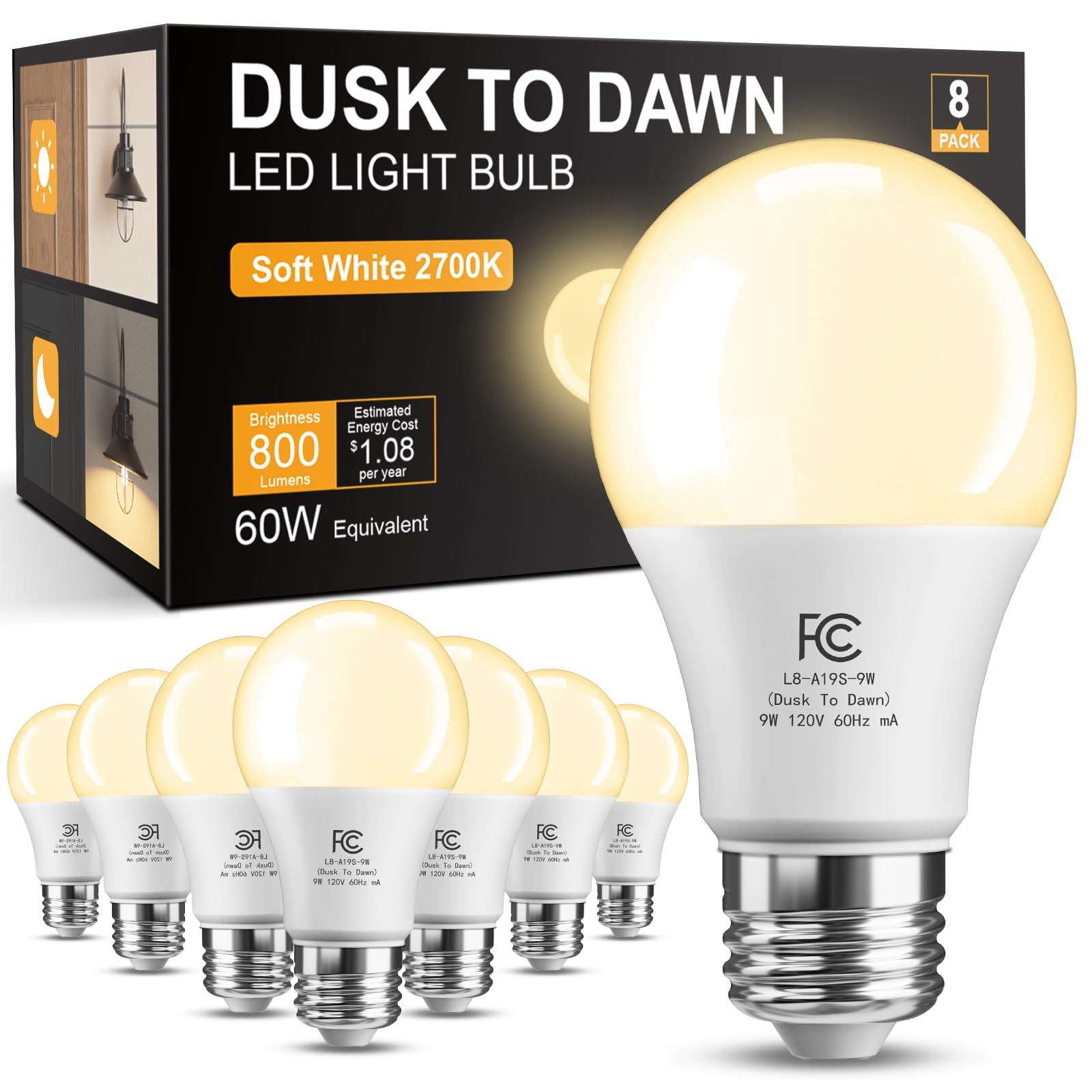 8 Pack Dusk To Dawn Light Bulbs Outdoor, Light Sensor Led Light Bulb, Automatic