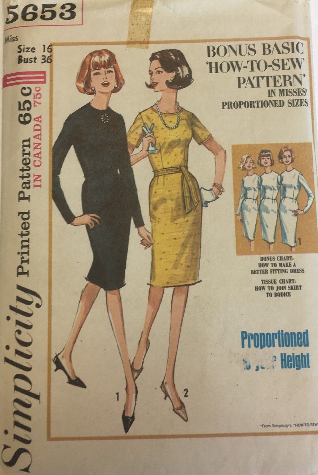 Vintage 1960s Simplicity 'How-To-Sew' Sewing Pattern 5653 sz 16/36, Basic Dress