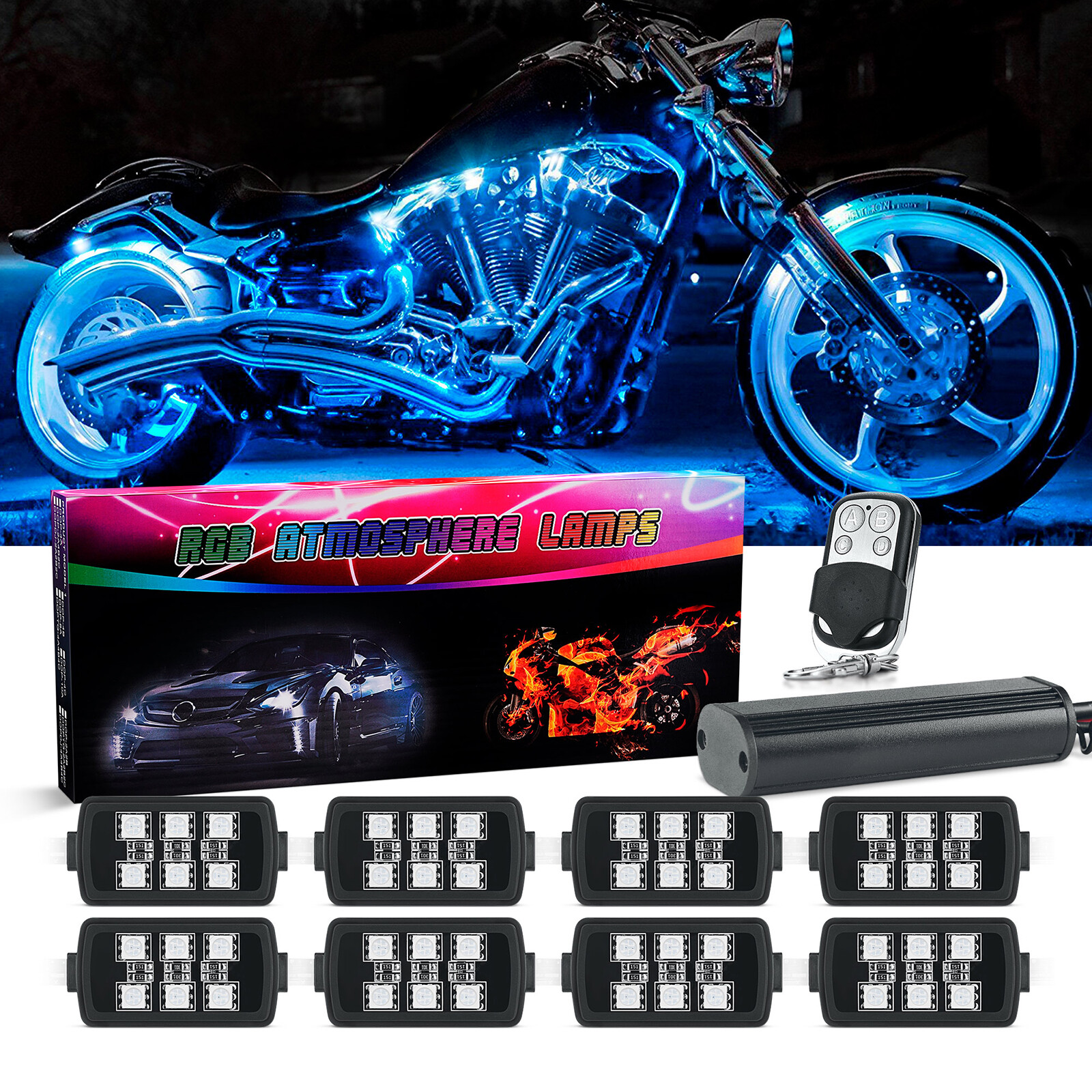 8 Pods Motorcycle RGB Led Lights Underglow Neon Accent Light Wireless Remote Fob