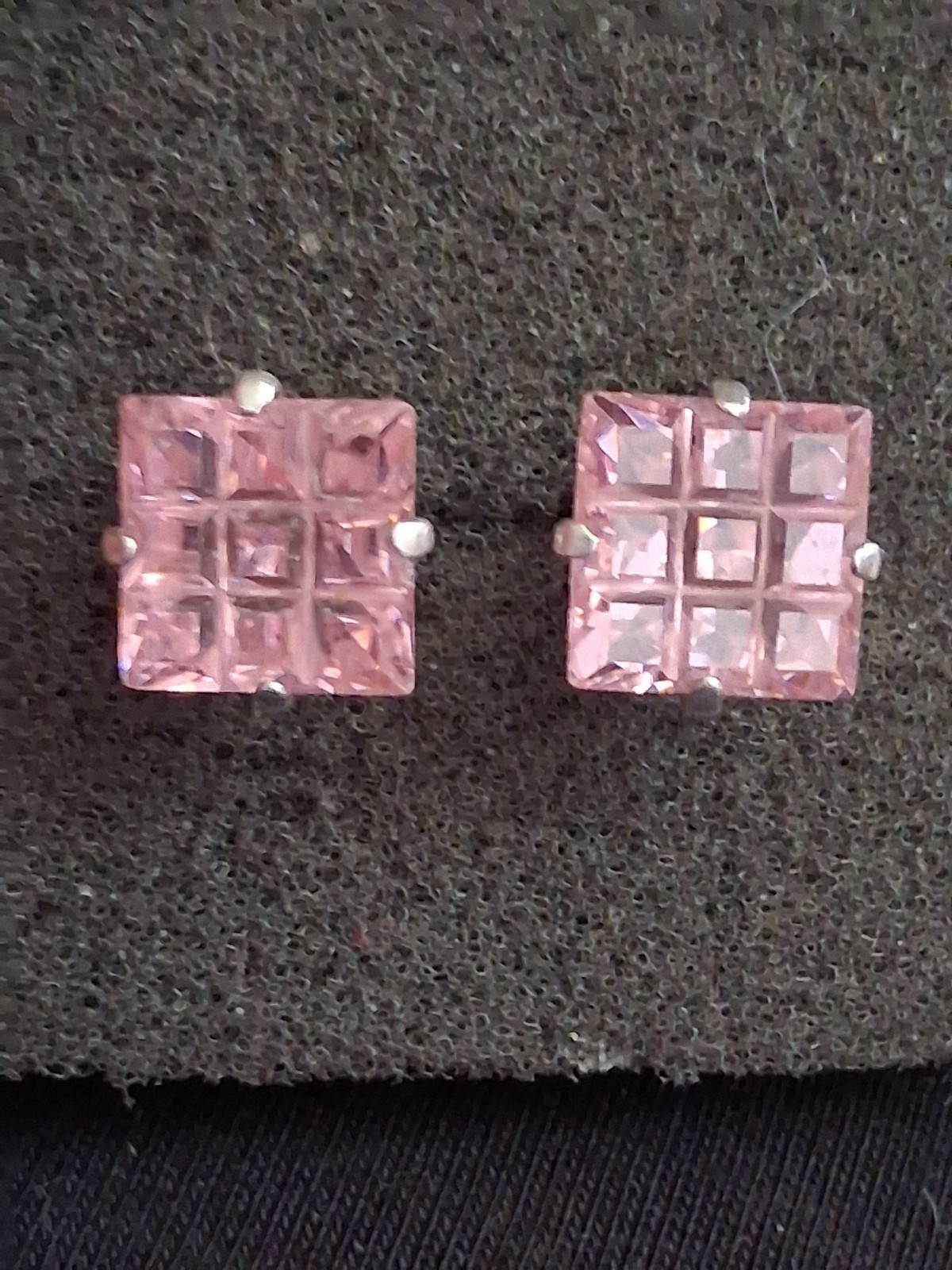 Sterling silver invisible cut pink stone grid pattern stud earrings, prong set