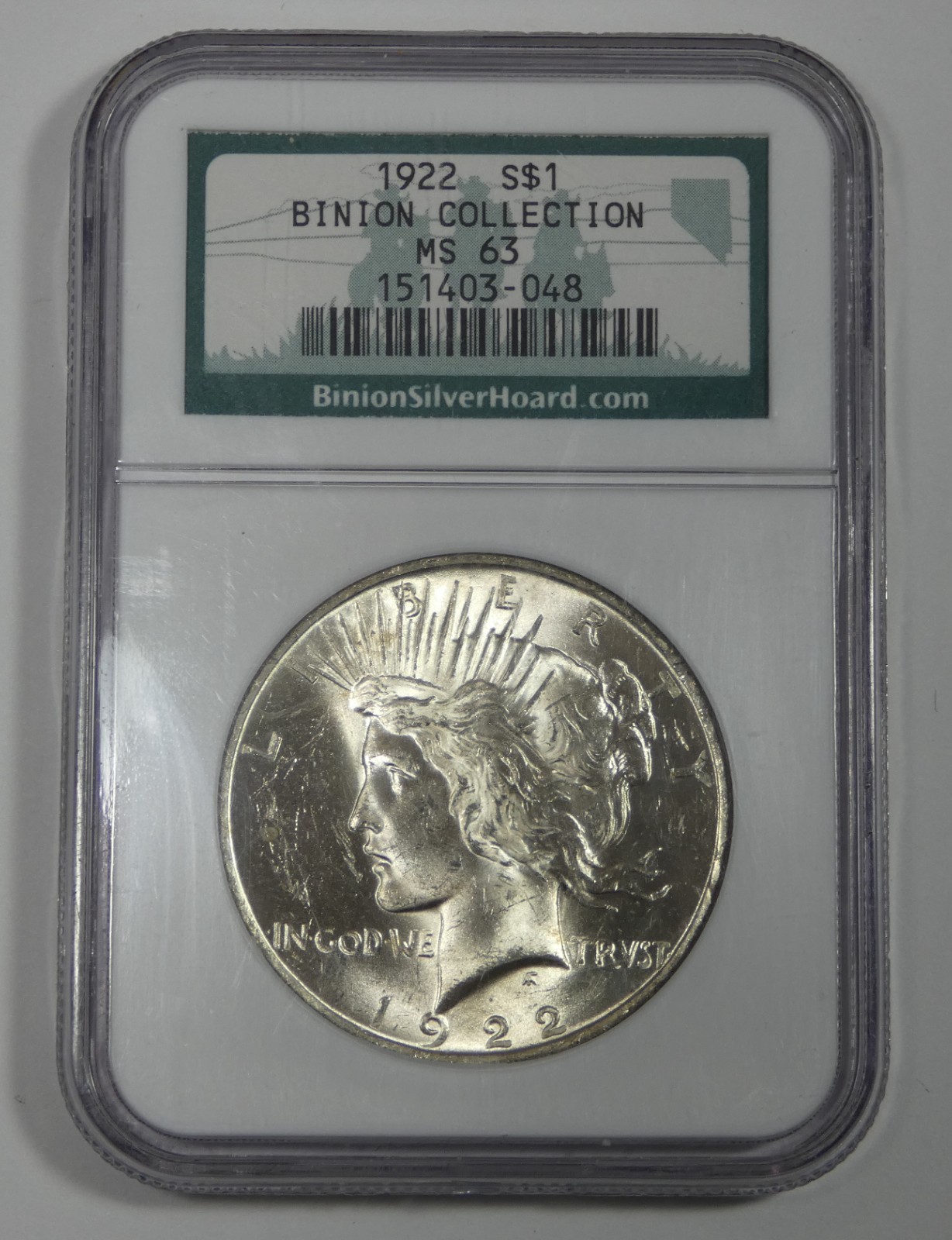 1922 Binion Collection Peace Dollar CERTIFIED NGC MS 63 Silver Dollar