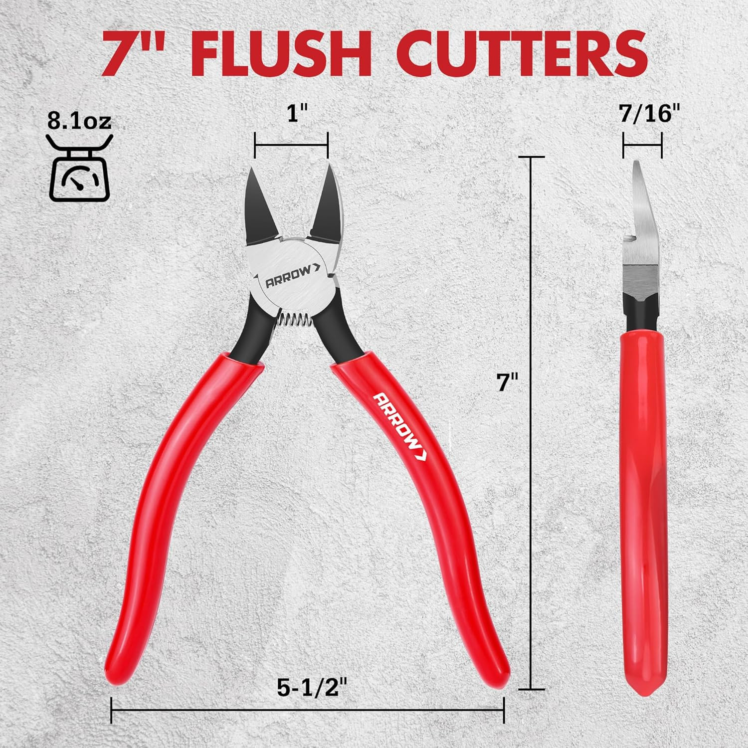 ARROW 7" Precision Wire Cutters, Precision Flush Cut Diagonal Pliers | Spring Lo