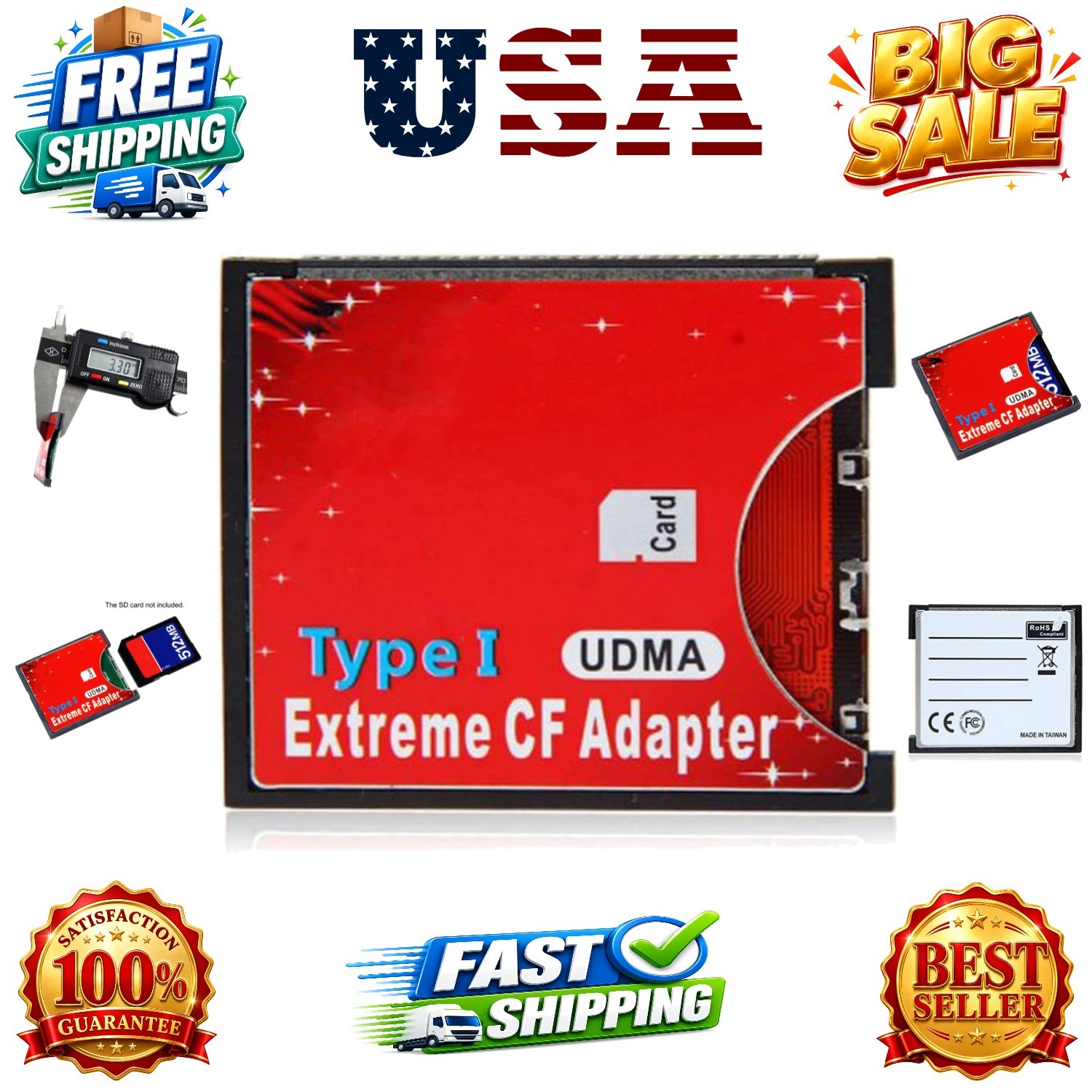 SD SDHC SDXC to CF Type I Compact Flash Memory Card Adapter Reader Support16/...
