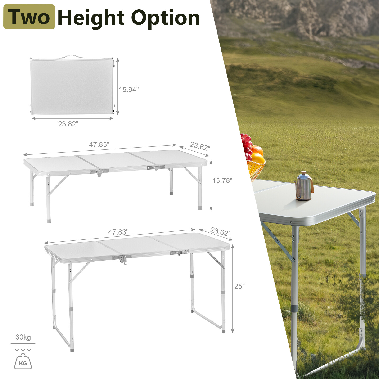 4ft Camping Folding Table Aluminum Portable Picnic Table with Adjustable Height