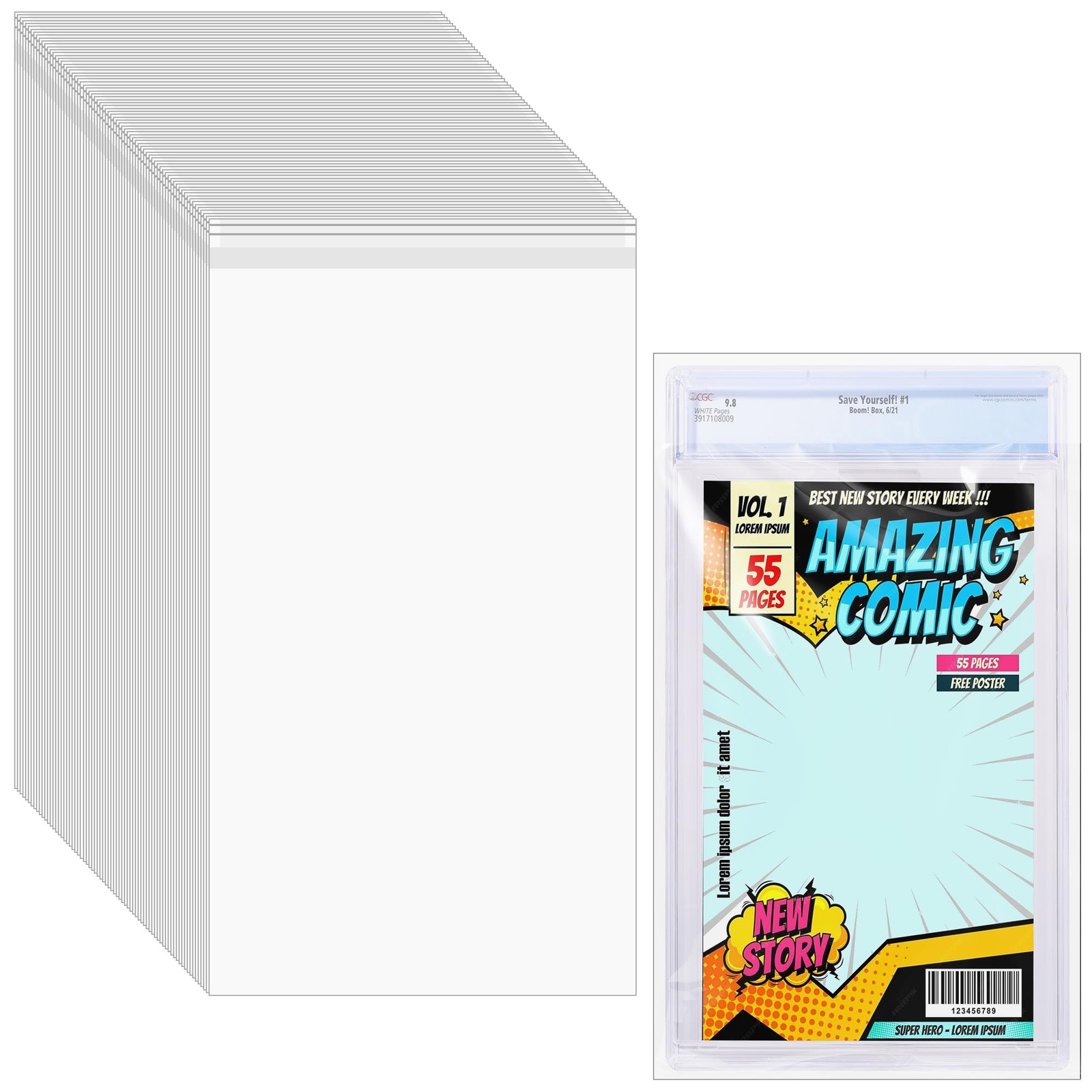 50 Pcs Resealable Graded Comic Book Bags,Clear Plastic Comic Sleeves for CGC and