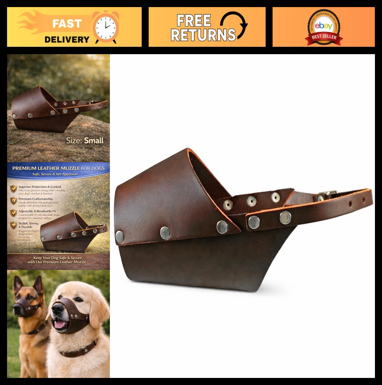Comfortable Leather Dog Muzzle | Durable & Adjustable | Vet-Approved Safety | Sm