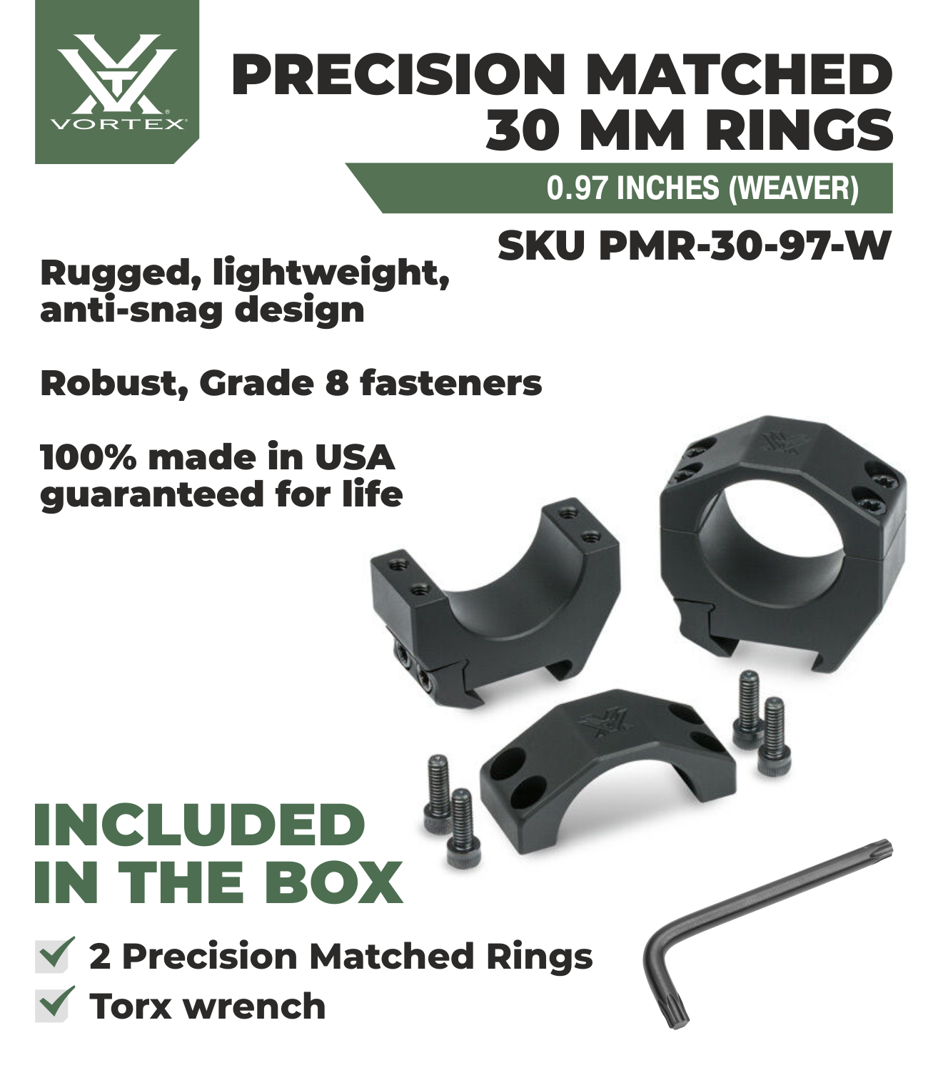 Vortex Precision Match 30mm Ring Set Med .97 in Weaver with Free Hat Bundle
