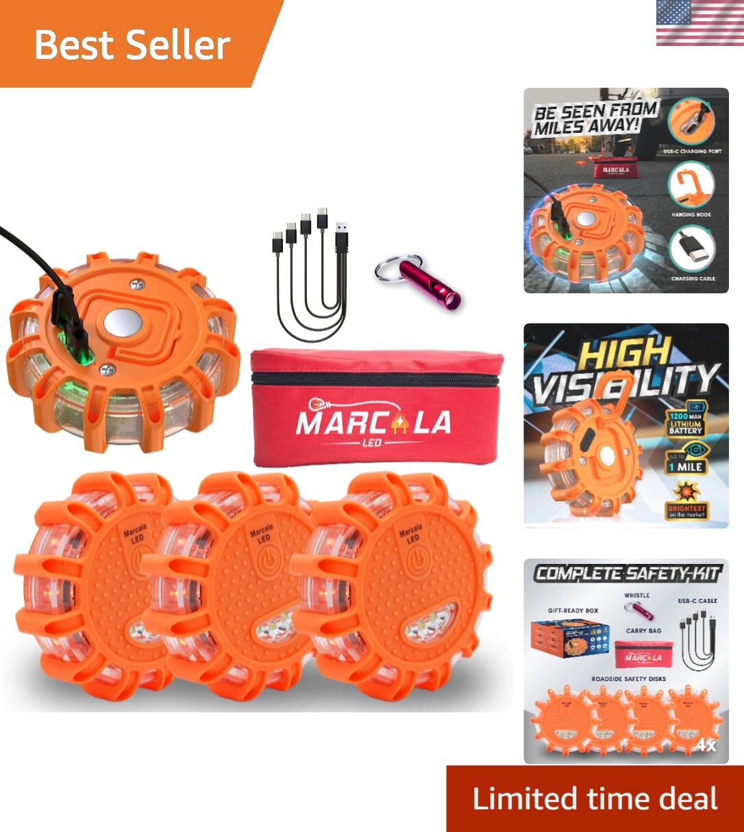 4-Pack Rechargeable LED Emergency Flares - 30-Hour Run Time & High Visibility
