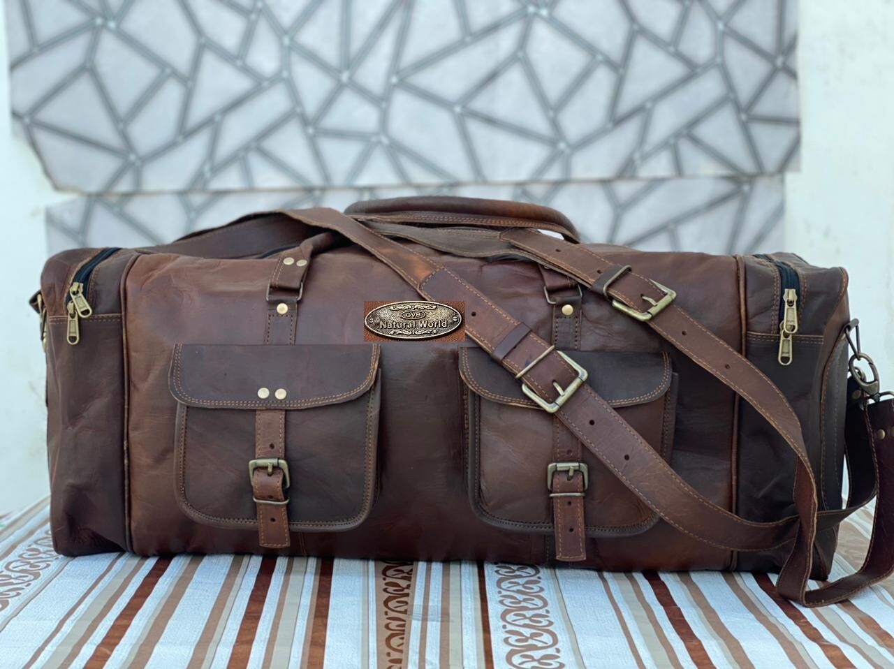 Men's duffel genuine travel Leather Luggage weekend overnight bag (30 Inch Wide)