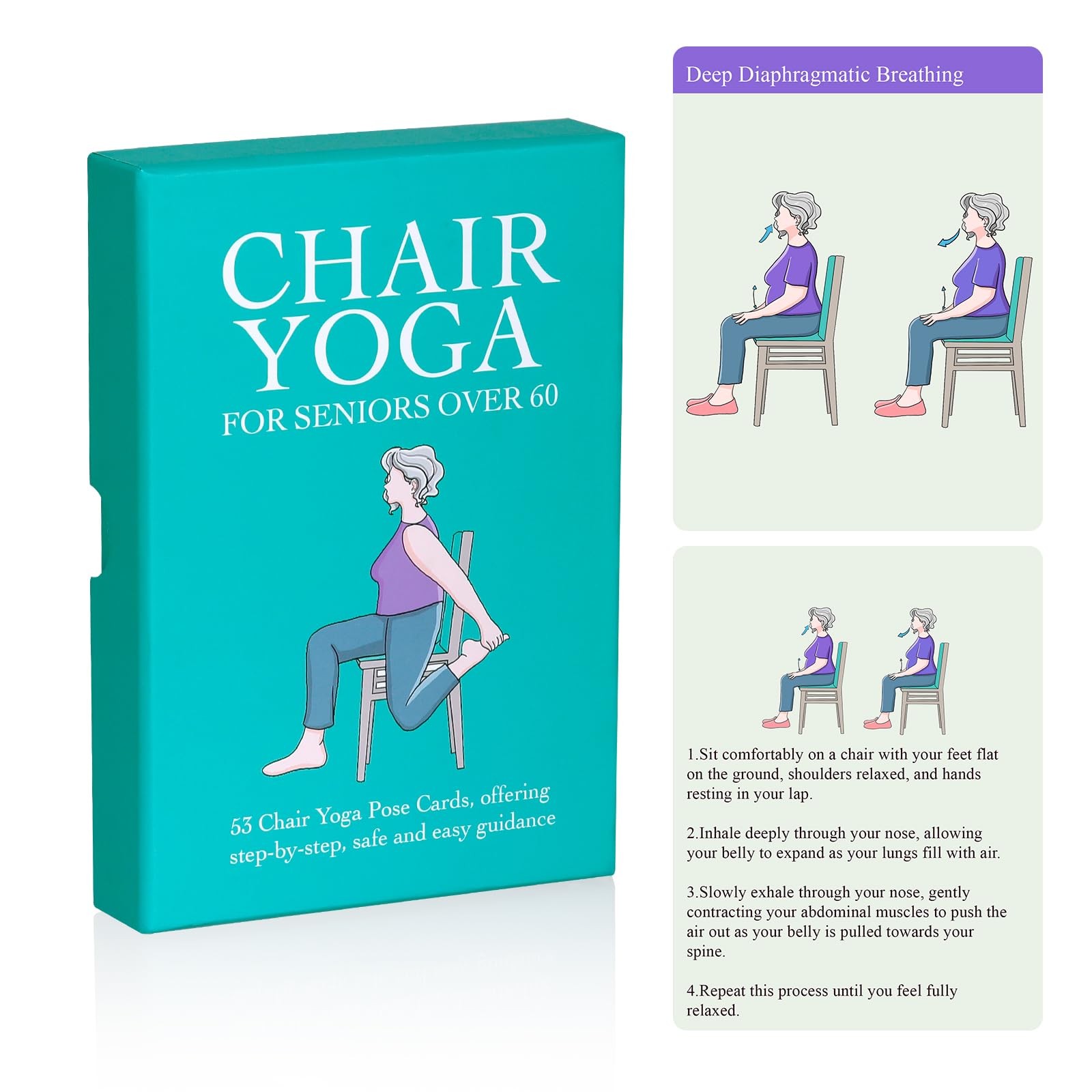 Chair Yoga Cards for Seniors Over 60, 53 Chair Yoga Pose with Step-by-Step Gu...