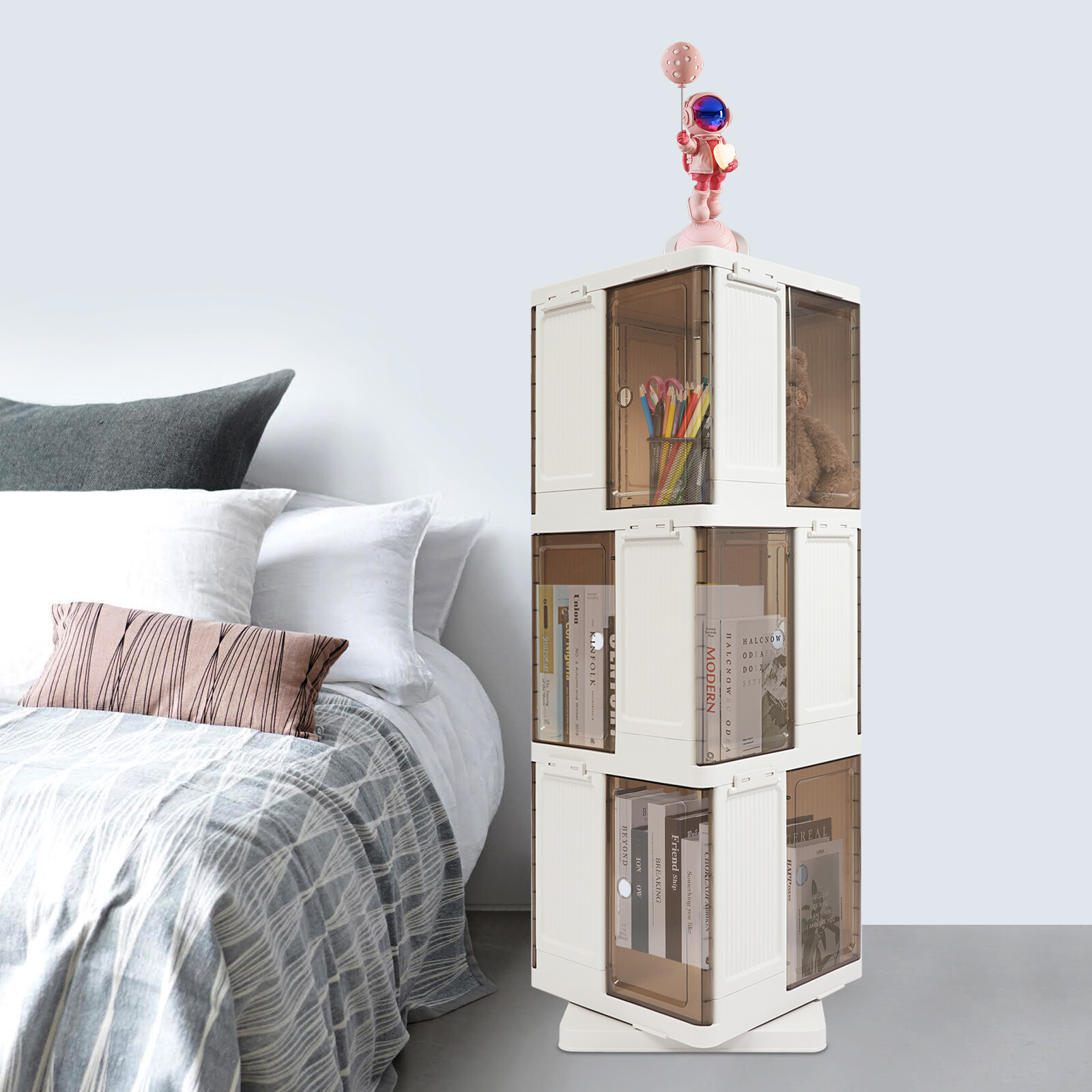 3-Tier Rotating Bookshelf, Book Storage Shelf, Floor Standing Rotating Bookcase