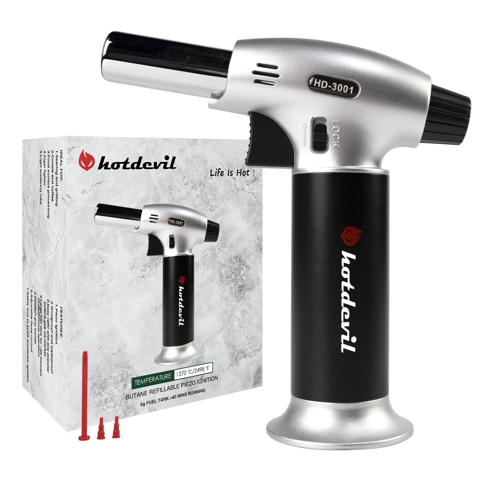 Hotdevil Butane Adjustable Flame Torch 6g Refillable Tank Cooking Lighter Blow