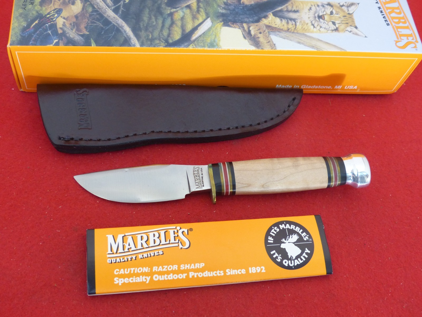 Marbles Gladstone USA mint Trailcraft fixed blade curly maple/aluminum knife