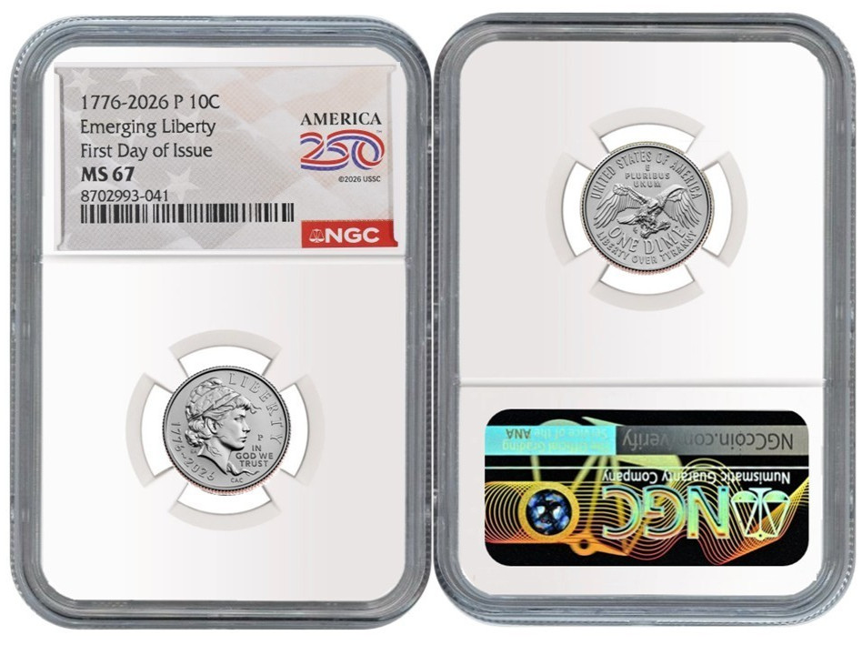 1776 - 2026 P Emerging Liberty 10C NGC MS 67 First Day Issue #2830