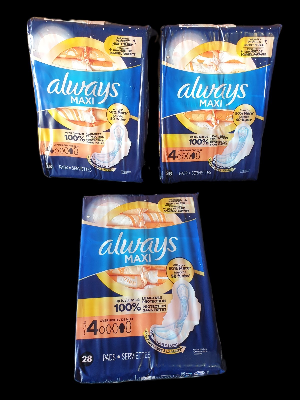Always Maxi 100% Leak Free Protection Pads 4 Size Overnight Absorbency 3-Pack