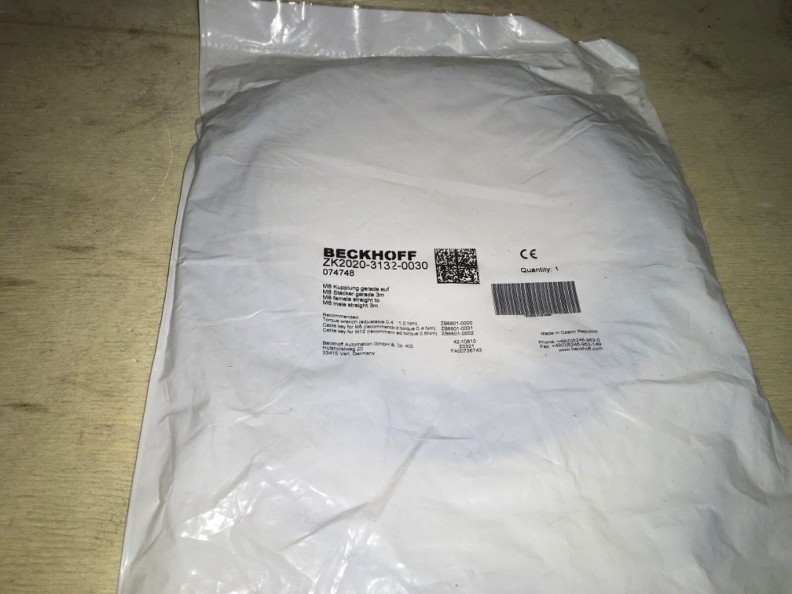 Beckhoff power cable, ZK2020-3132-0030, , NIB, JRM-224