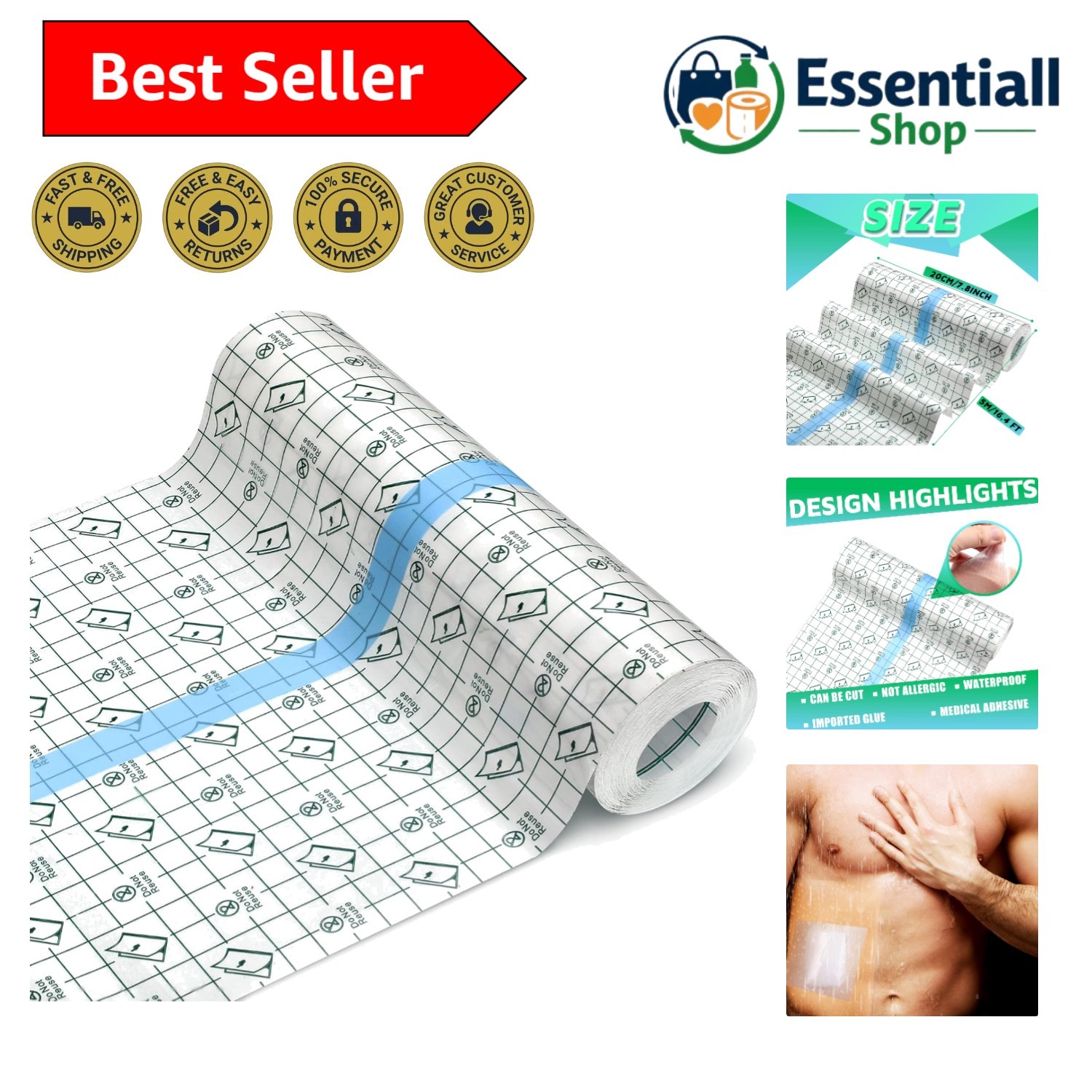 Flexible Waterproof Wound Cover Bandage - 8 x 197 Inches, Perfect for Swimming