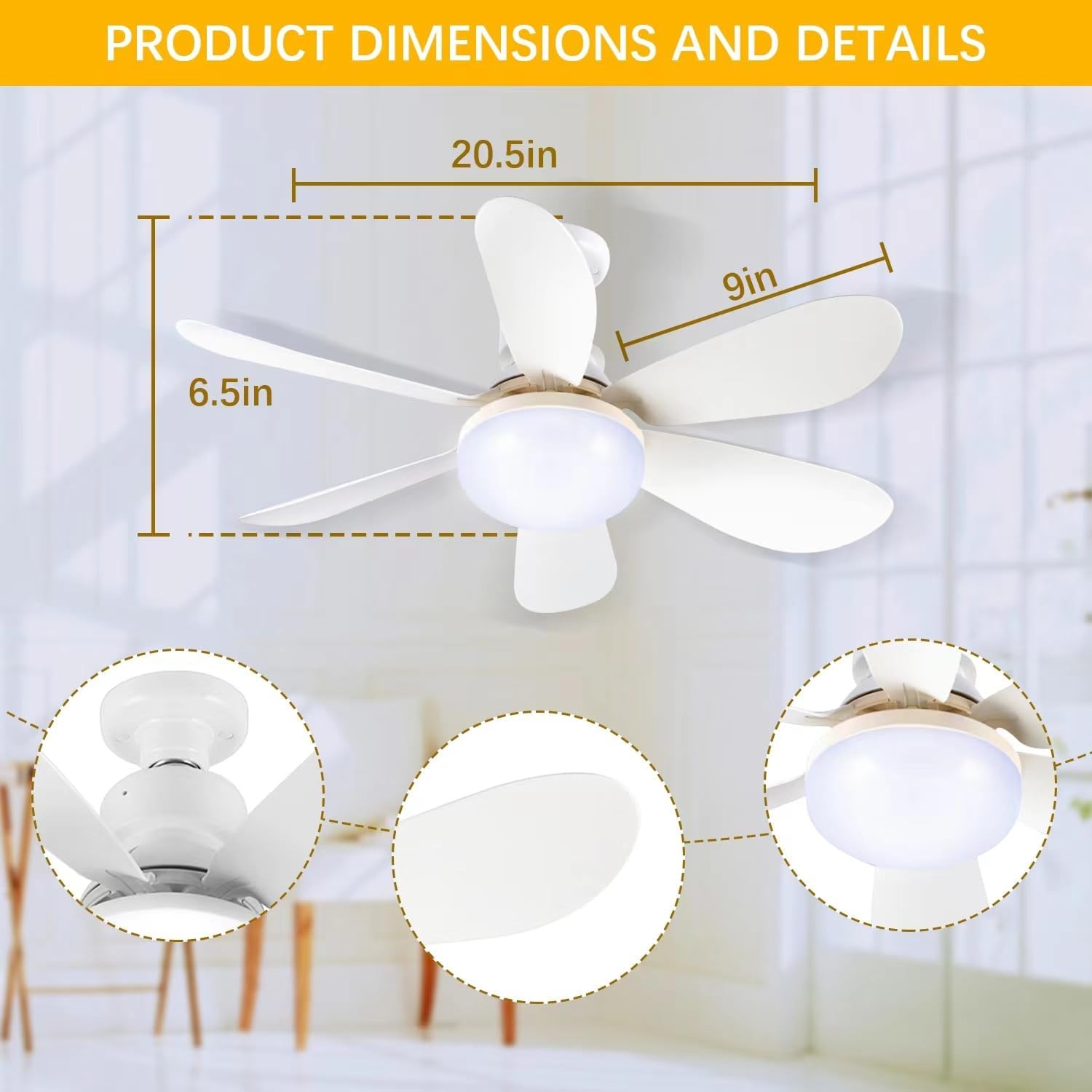 20in Dimmable E27 Socket Ceiling Fan Light 3Color Temp LED Fan Light with Remote