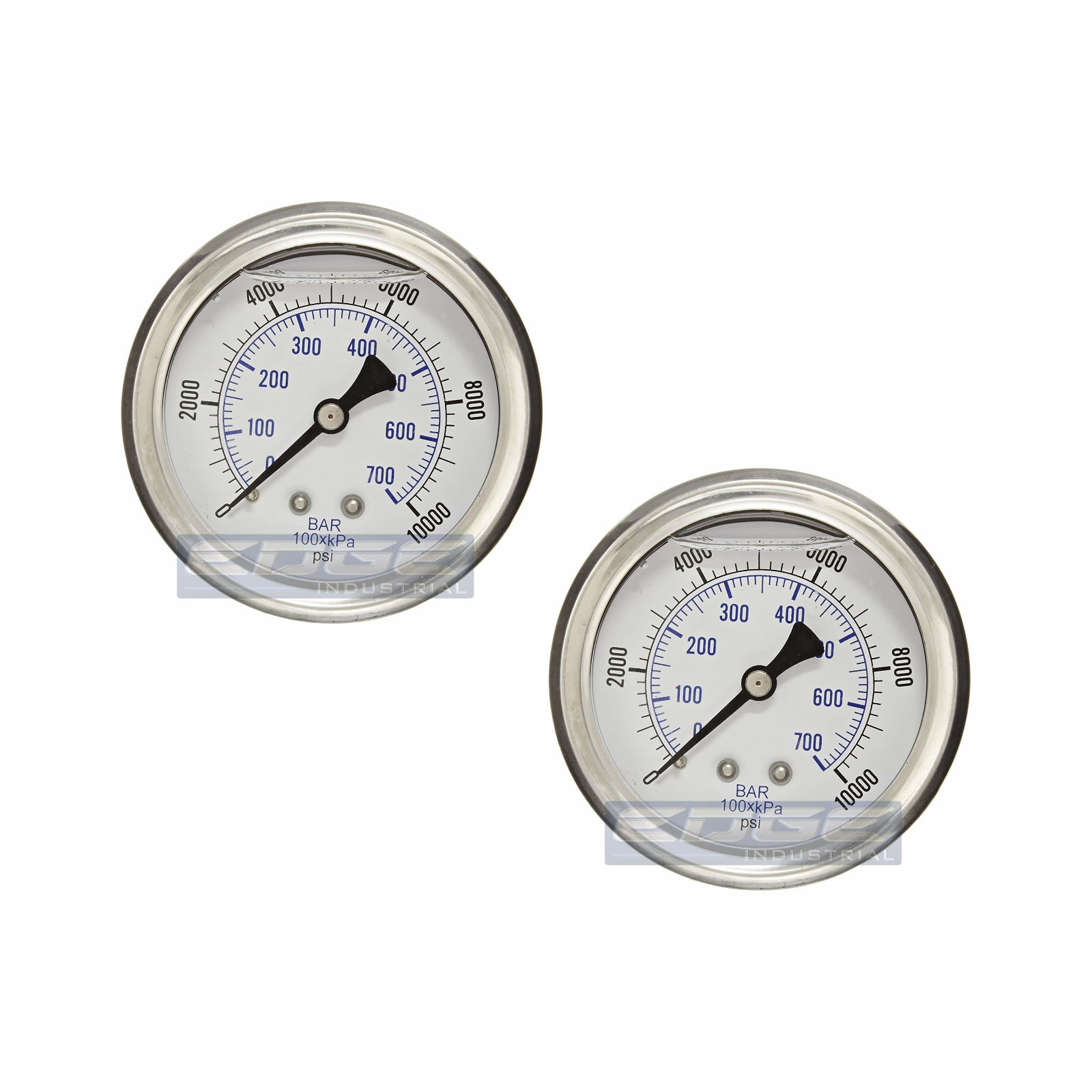 2 PACK LIQUID FILLED PRESSURE GAUGE 0-10,000 PSI, 2.5" FACE, 1/4" BACK MOUNT WOG