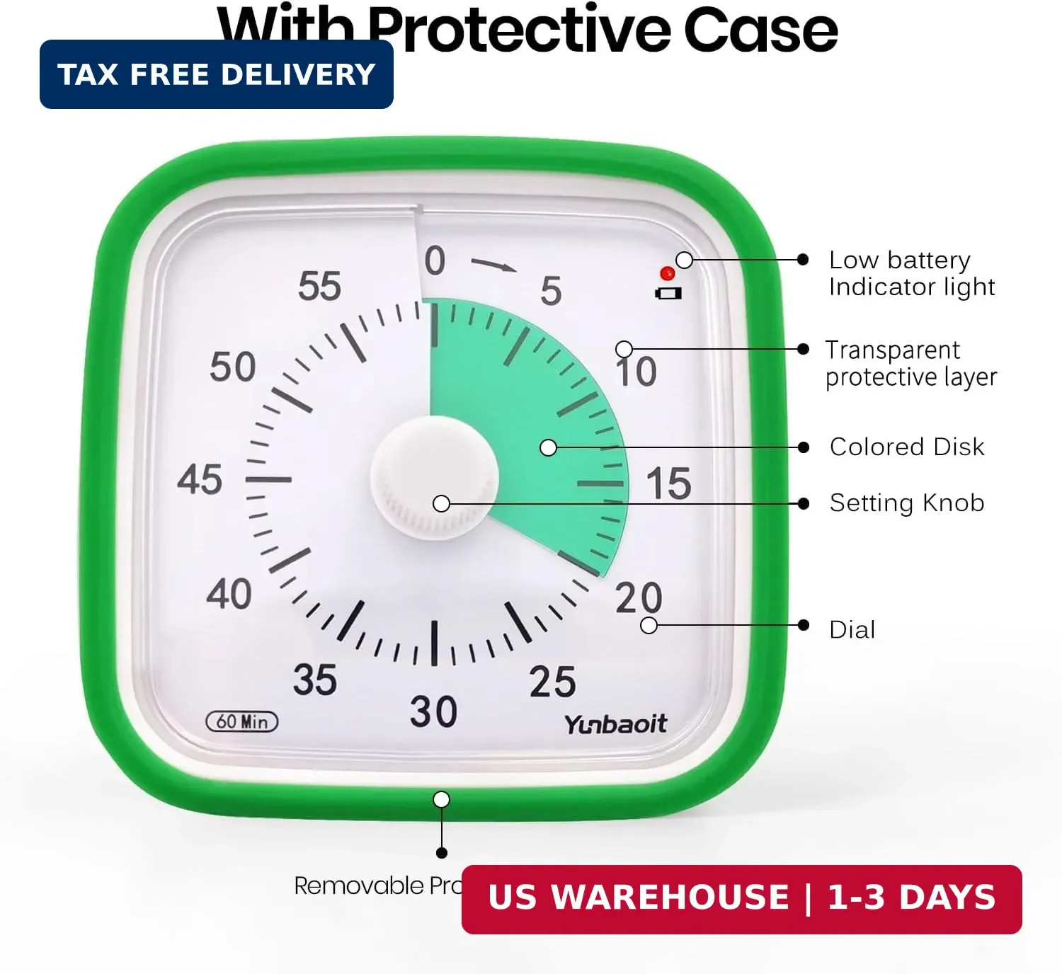 Visual Timer, Silent 60-min Countdown Timer for Kids, Green Green | Protective C