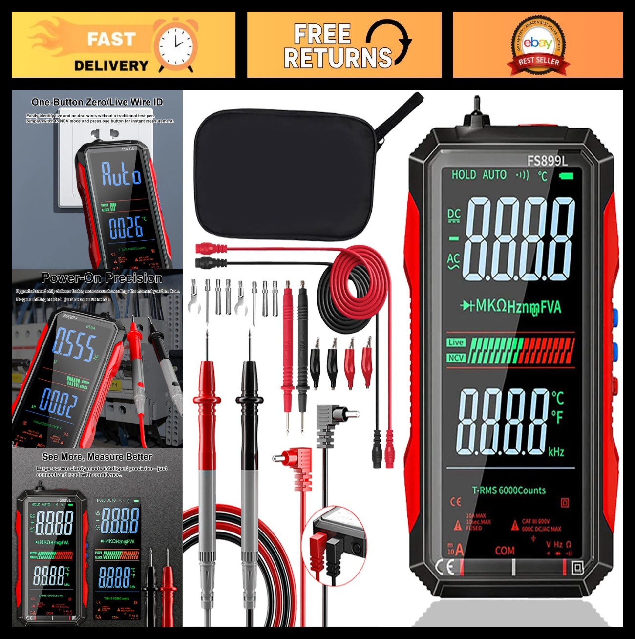 Upgraded Digital Multimeter with Color Screen, USB-C, 6000 Counts, Auto-Ranging,