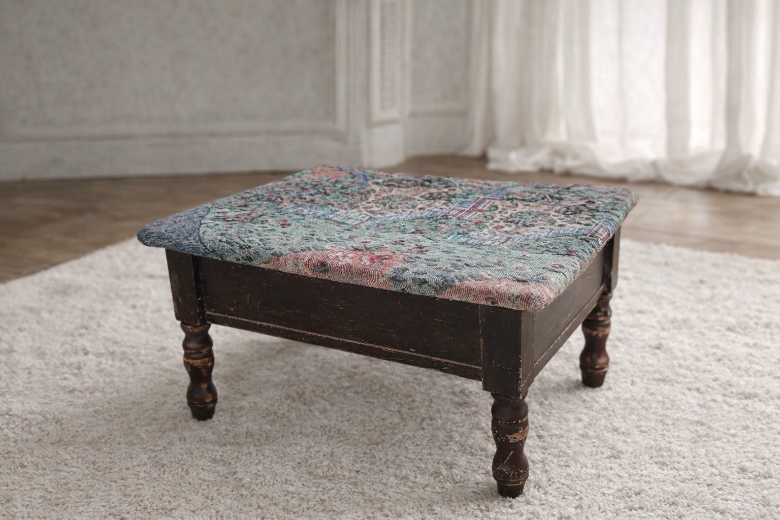Storage Footstool Tapestry Upholstered Ottoman Cottage Stool Seat