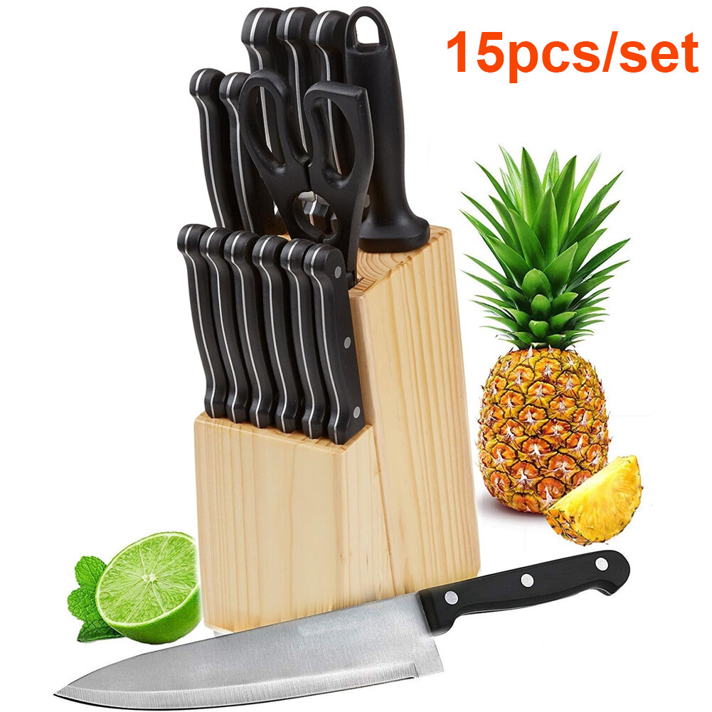 15 Pcs Japan Kitchen Knife Set with Wooden Block Carbon Stainless Steel Knives