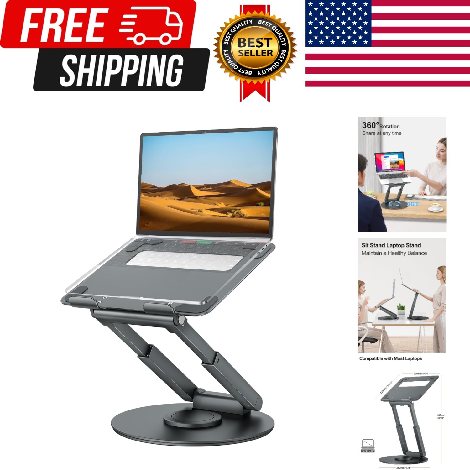 Telescopic Laptop Stand for Desk with 360° Swivel Base, Sit to Stand, Height ...
