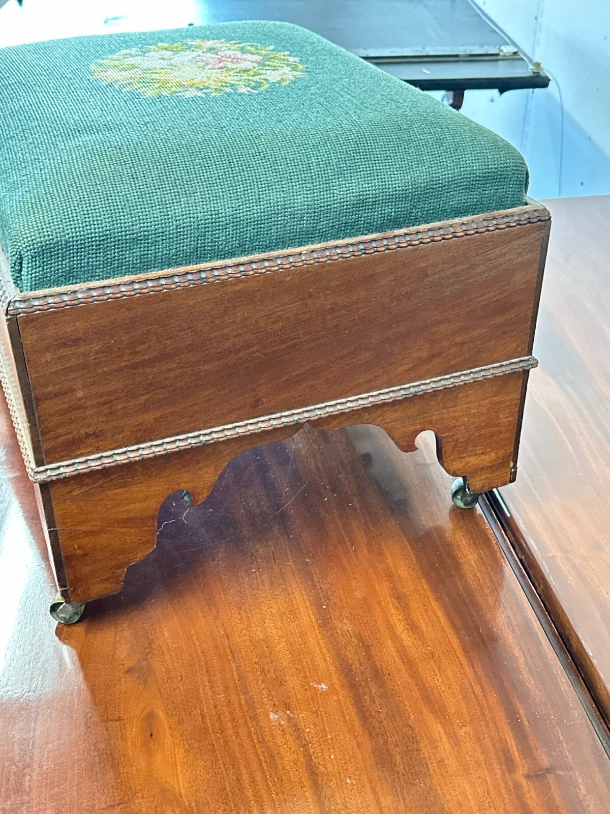antique classical empire mahogany foot stool needlepoint 1840 bench