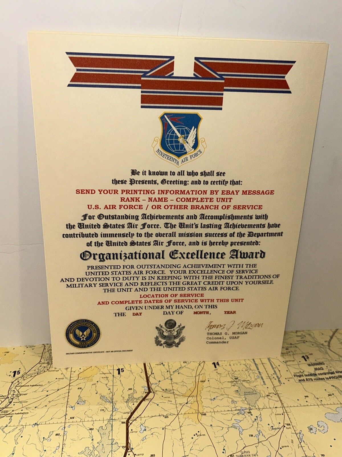 U.S. AIR FORCE / 19TH AIR FORCE - ORGANIZATIONAL EXCELLENCE AWARD CERTIFICATE