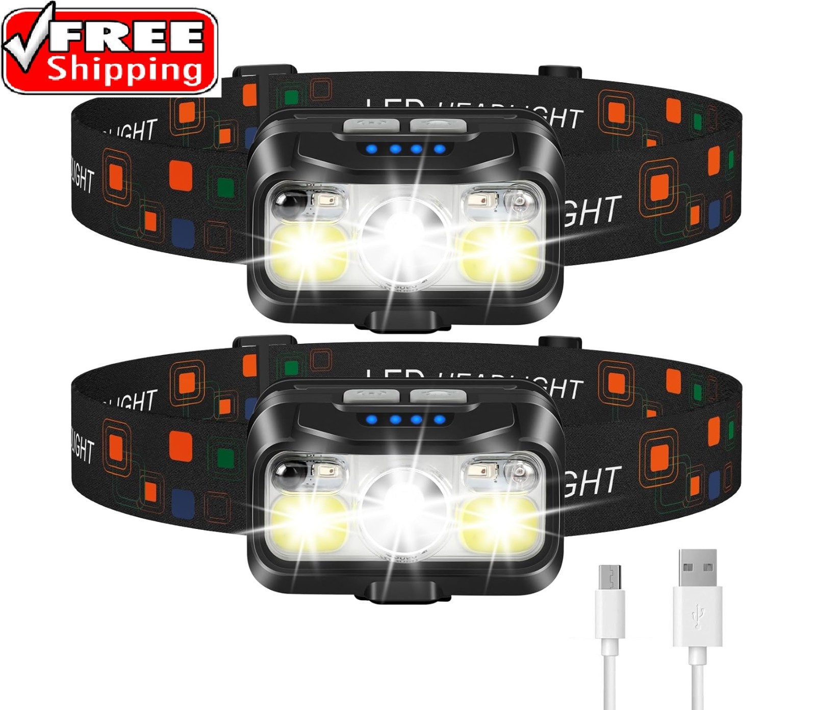 2 Pack LED Lampara De Cabeza Recargable Luz De La Cabeza Linterna Para Pescar