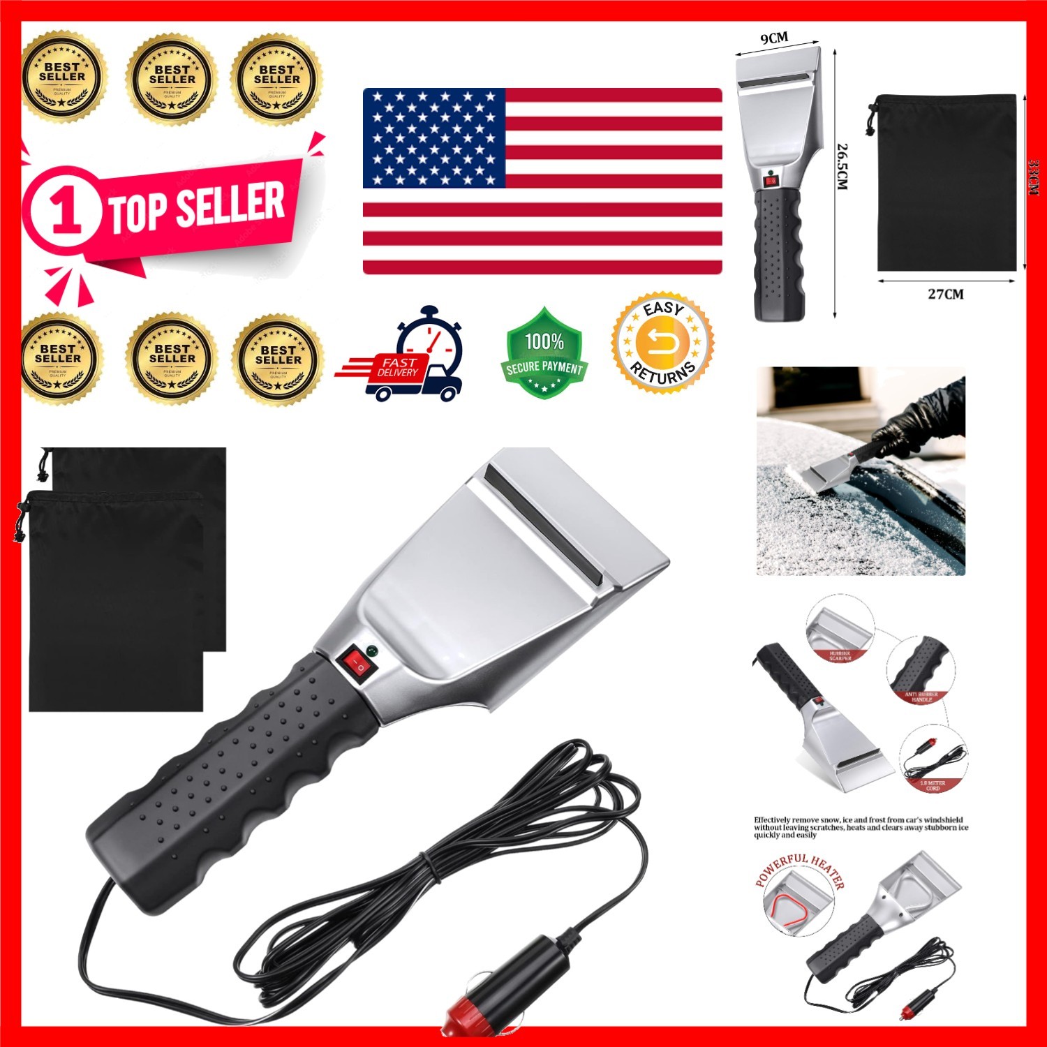 Heated Snow Ice Scraper 12V Electric Auto Windshield Ice Scrapers Electric Wi...