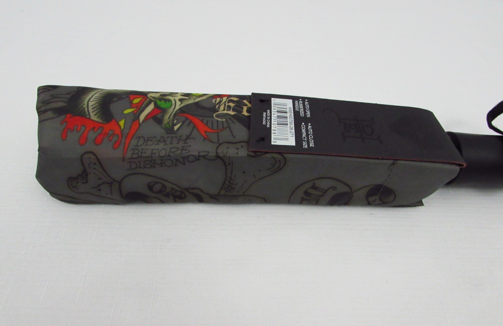 Ed Hardy Automatic Umbrella "Death Before Dishonor" Skull Tattoo NWT.