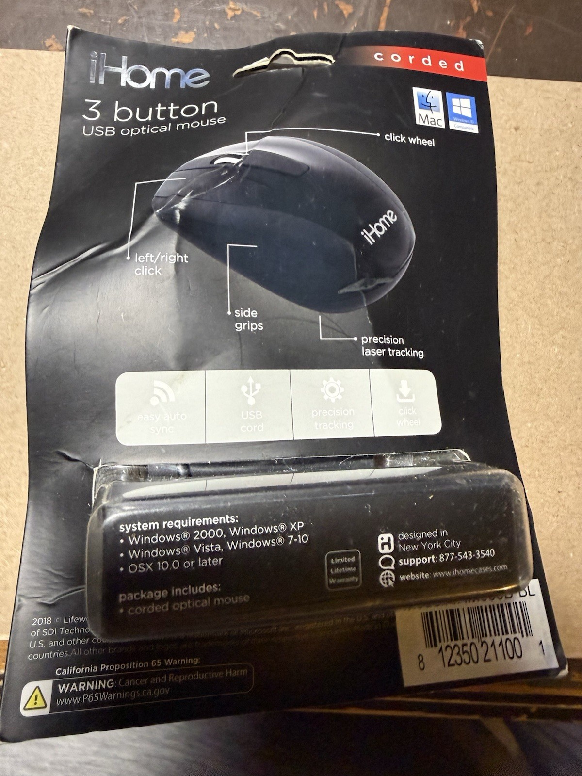iHome IHM600B 3 Buttons Compact USB Corded Optical Mouse, Black