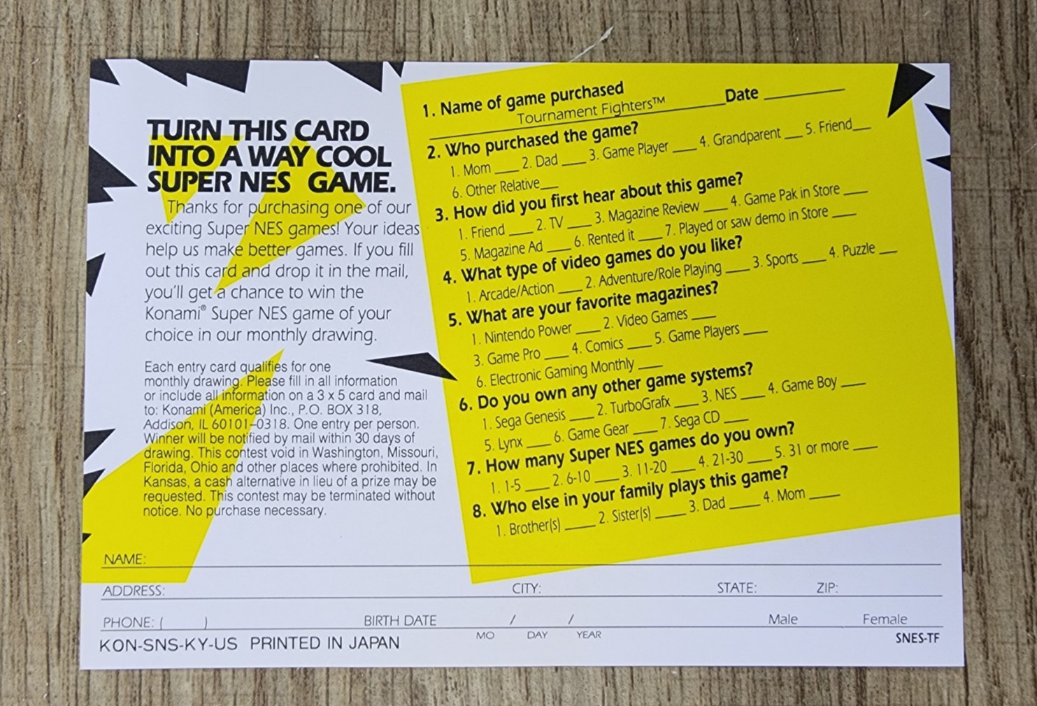 AUTHENTIC USED -) TMNT TOURNAMENT FIGHTERS (- REGISTRATION CARD - KON-SNS-KY-US