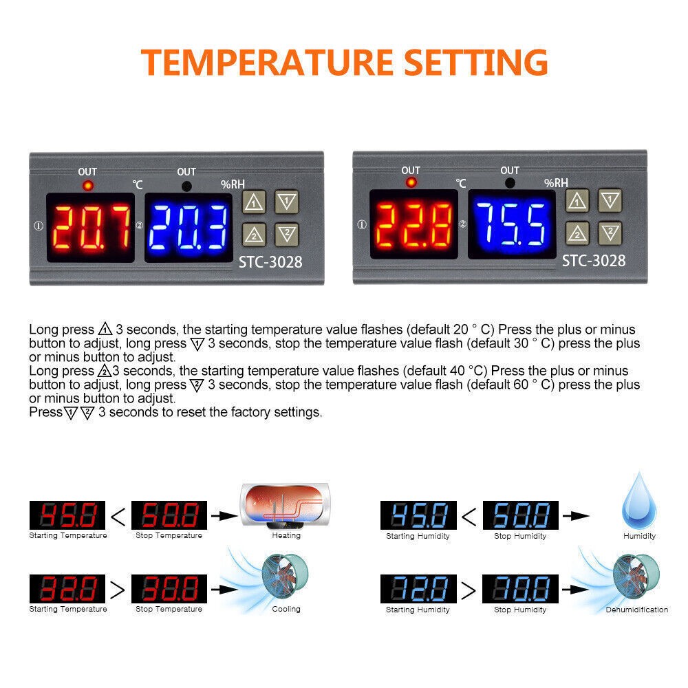 Digital STC-3028 AC 110-220V Dual LCD Temperature Humidity Controller Thermostat