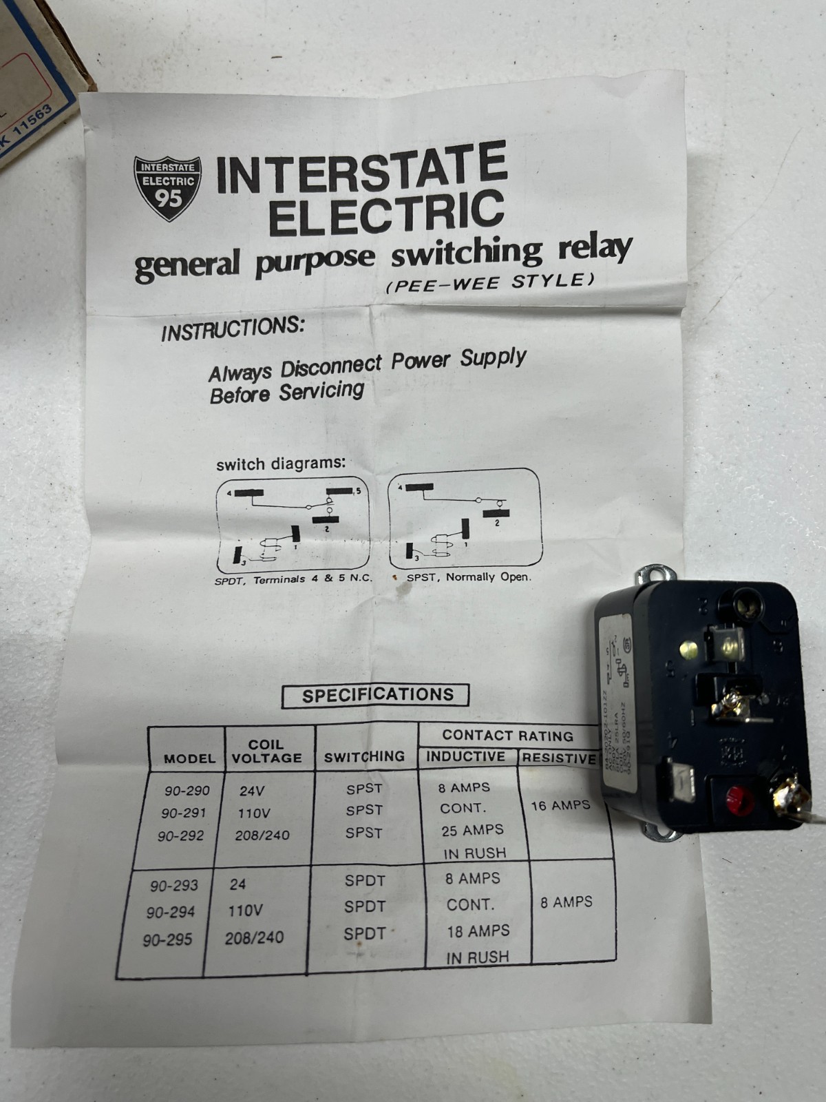 Interstate Electric  90-291  relay SPST  120vac coil