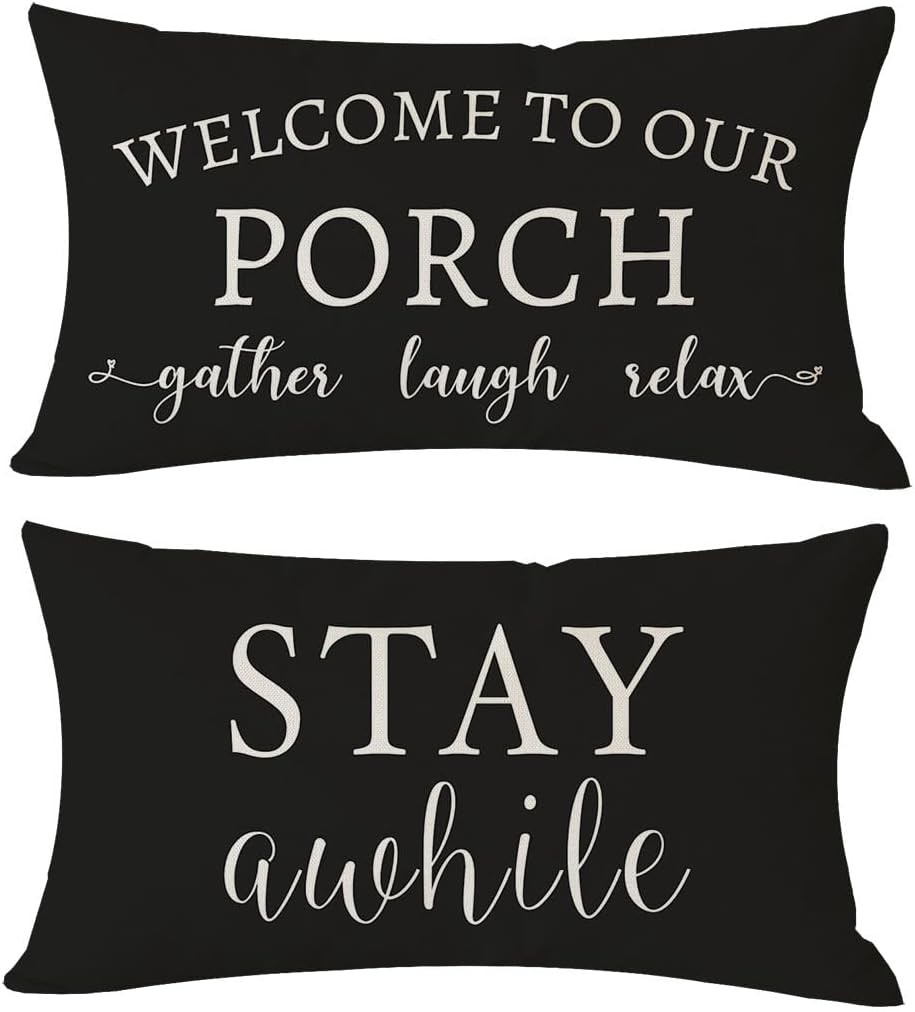PANDICORN Welcome to Our Porch Stay Awhile Farmhouse Black and White Outdoor Lum
