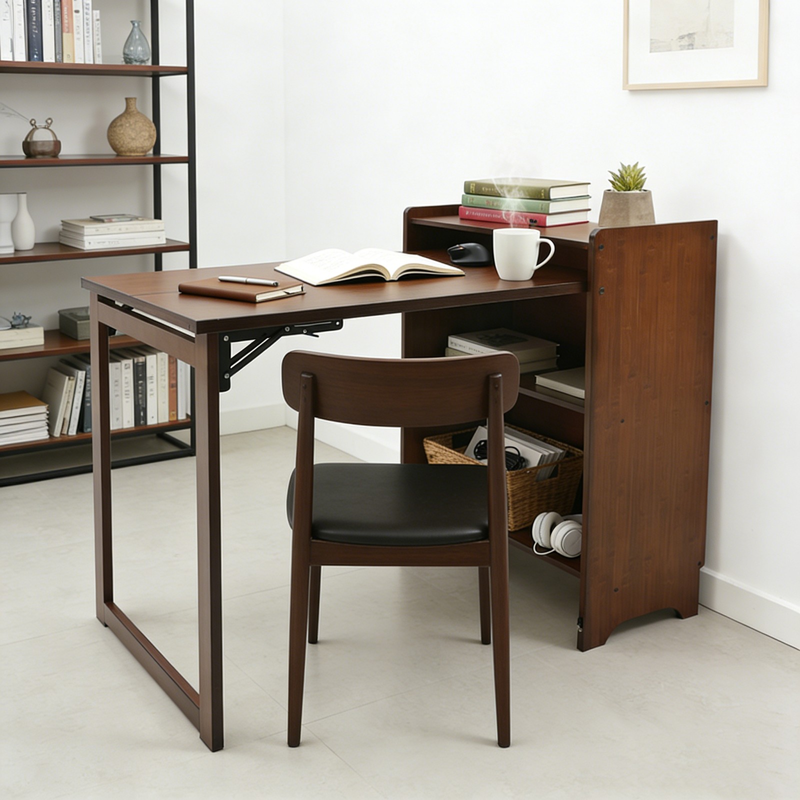 Folding Desk with Storage Shelves,Bookcase with Drop Down Table for Study Office