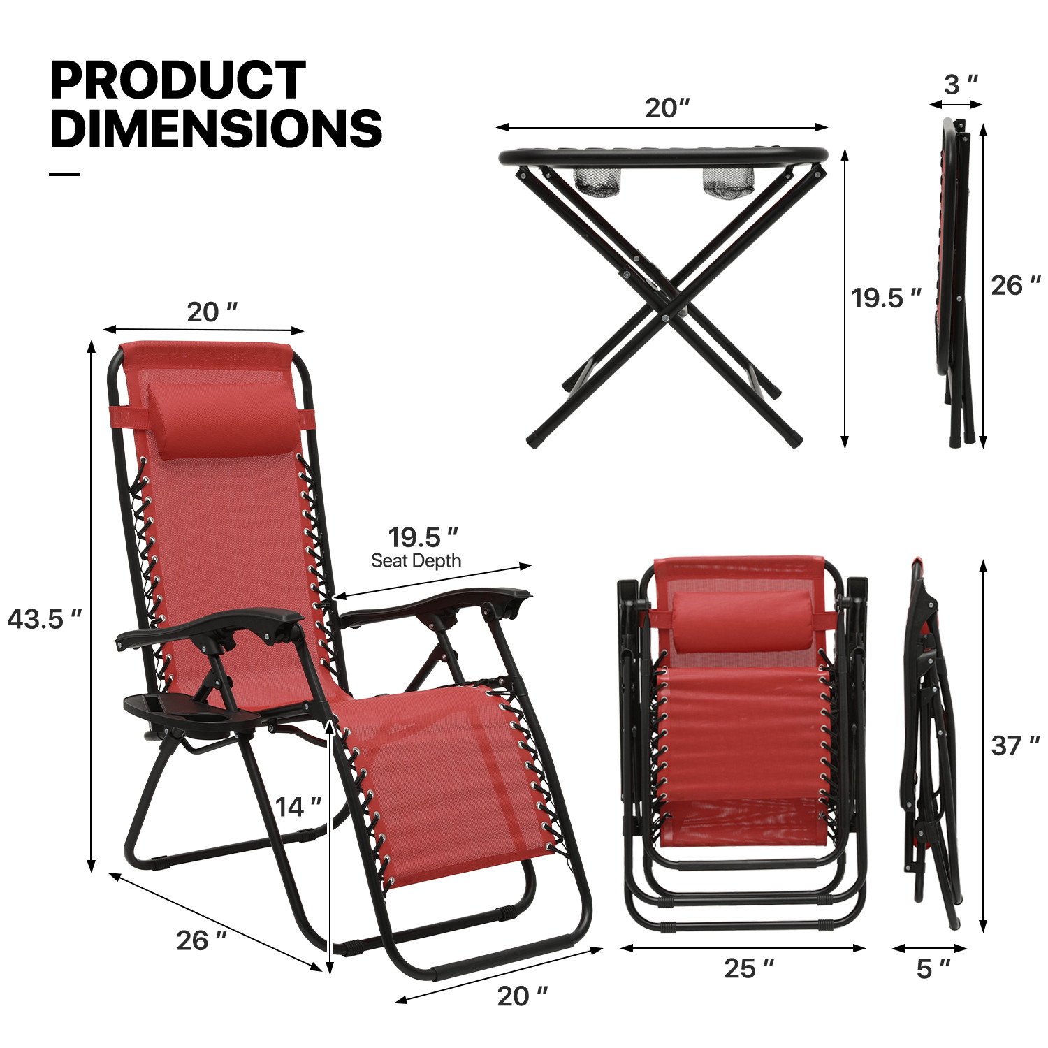 3 Pcs [ZERO GRAVITY CHAIR+PATIO TABLE SET] Foldable Recliner Beach Lounge Chaise