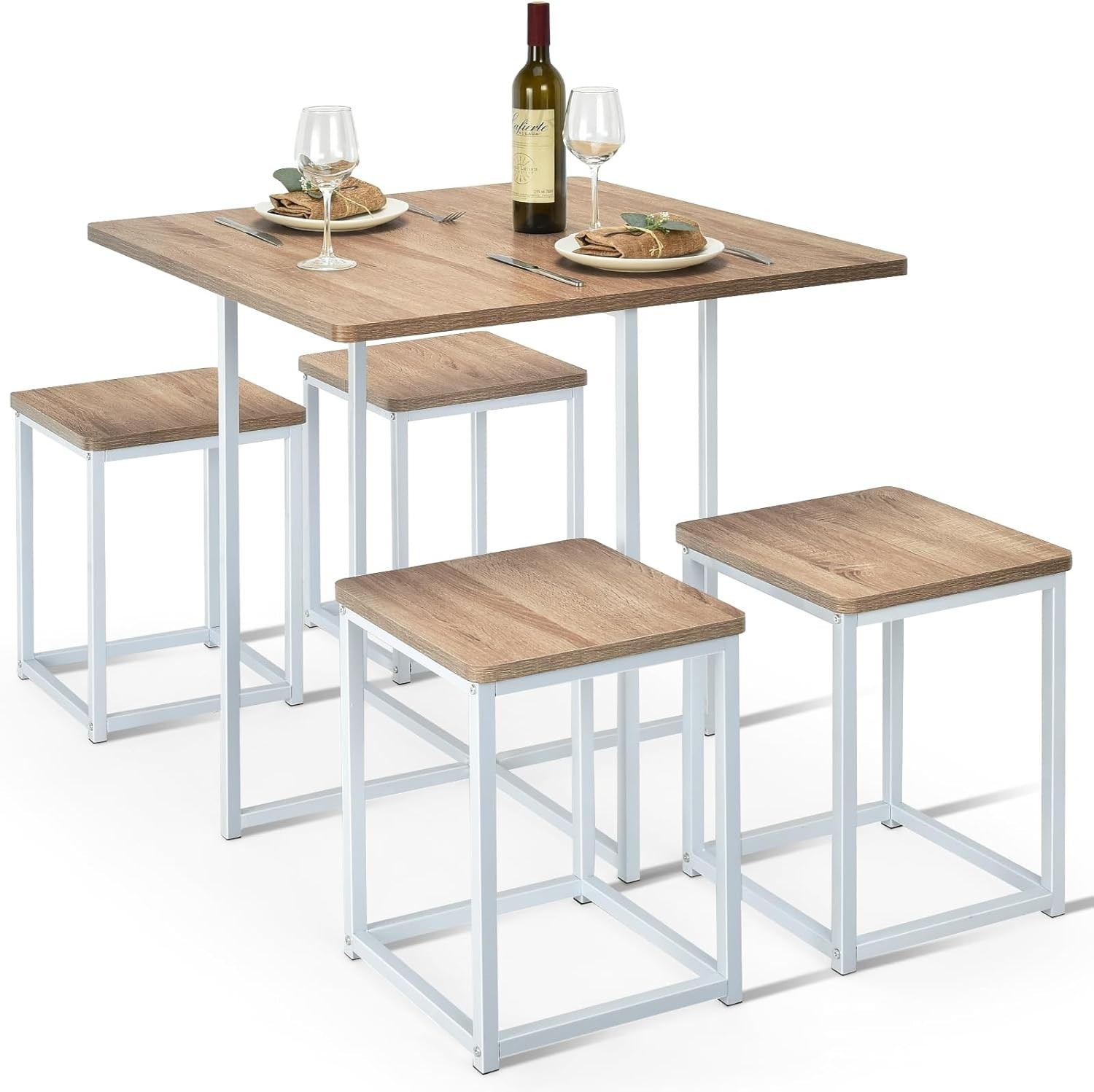 5 Piece Dining Table Set Dining Set 4 W/ Square Stools Small Kitchen Table Set