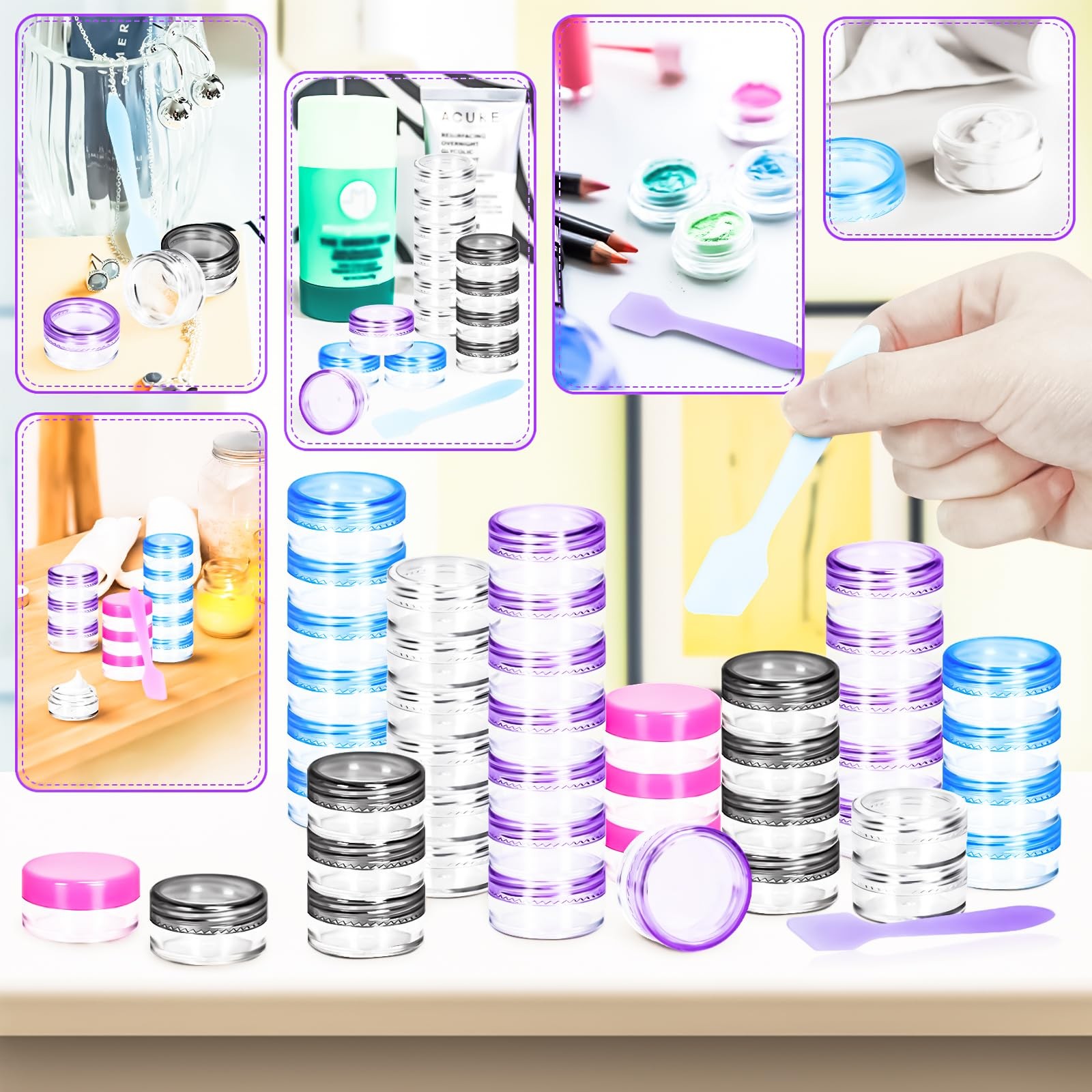 100 Pcs 5g Empty Plastic Containers with Colored Lids,Mini Makeup Sample Cont...