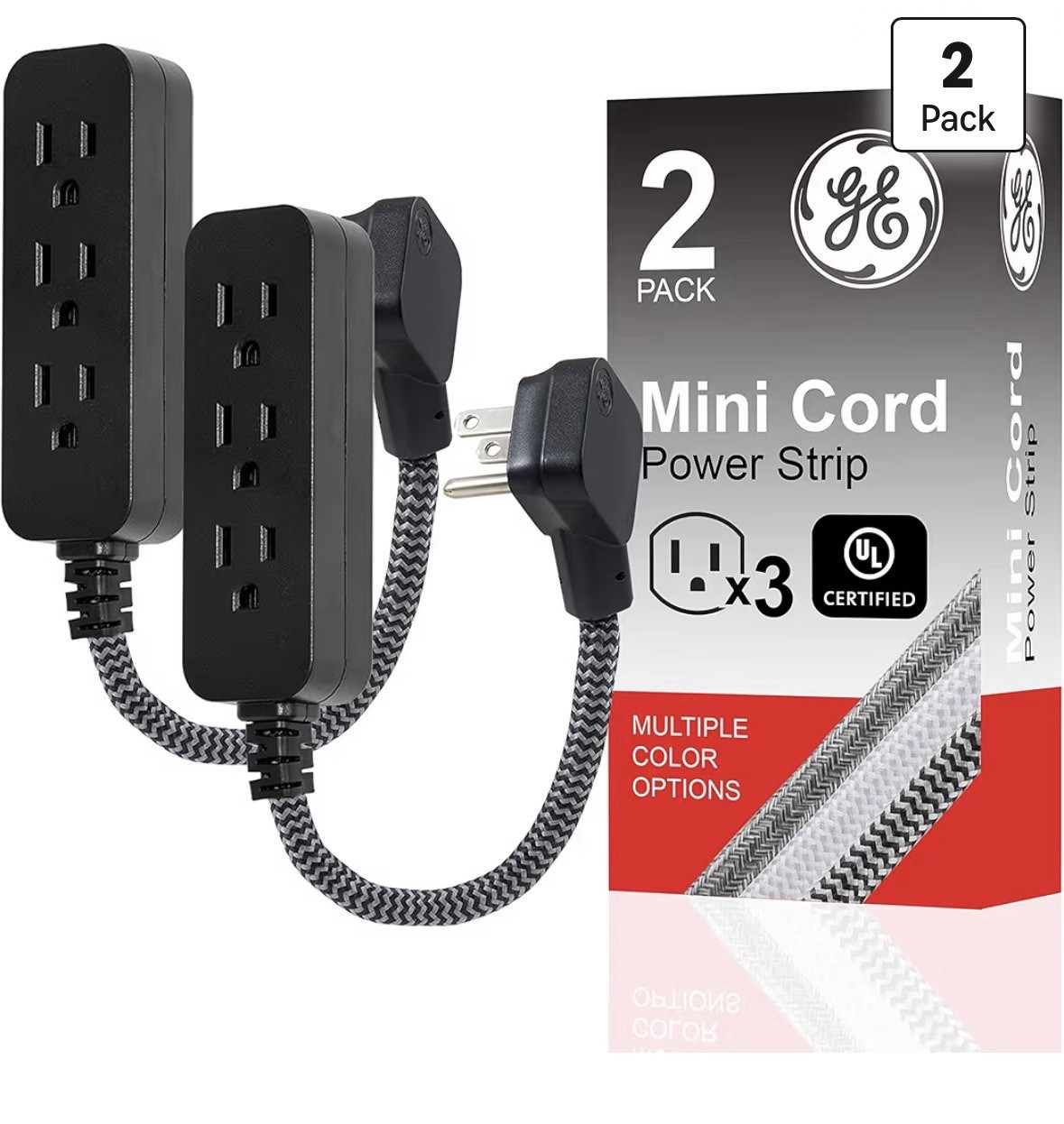 Power Strip 5 Inch 2 Pack Braided Cord ETL Listed Black 53240 3-Outlet Mini Flat