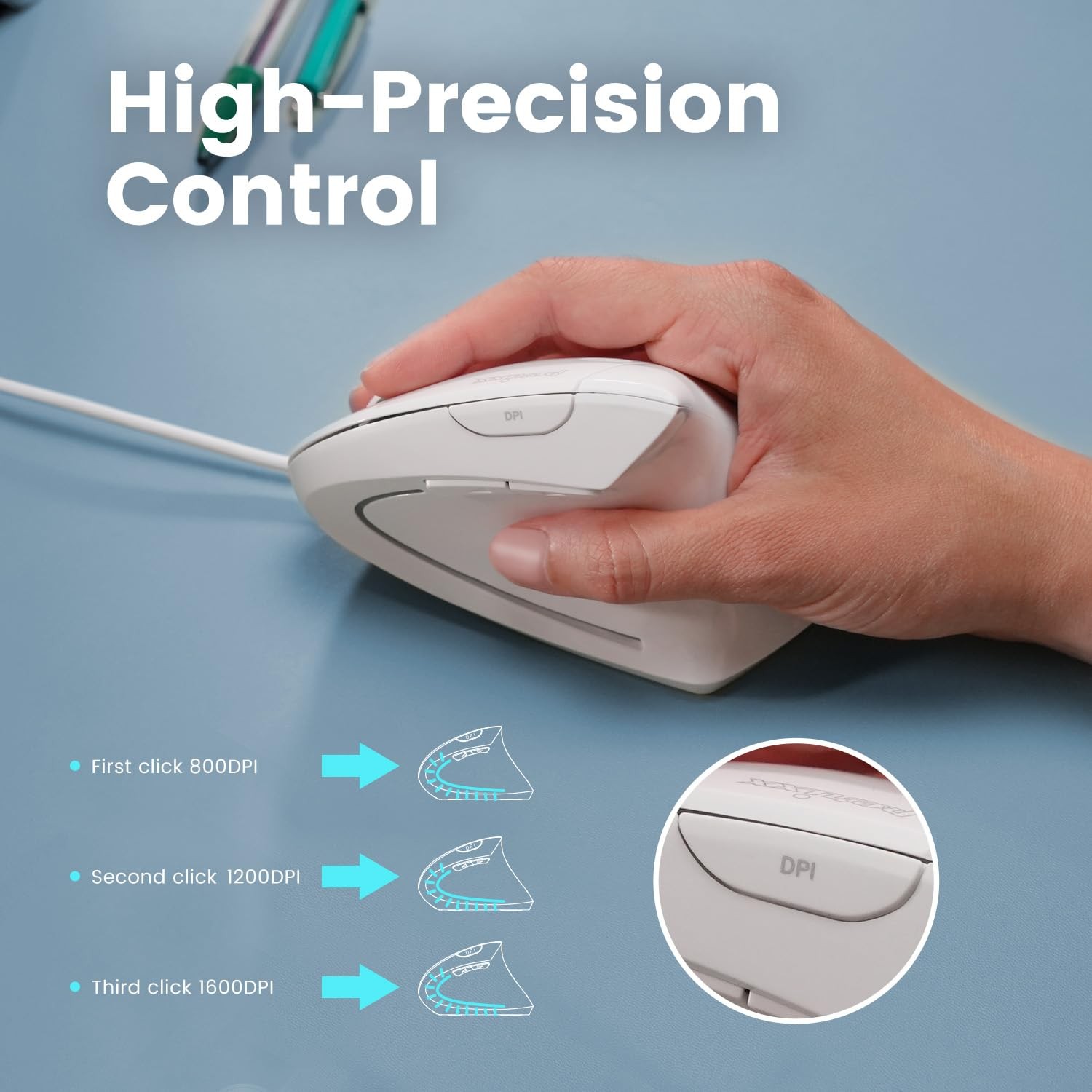 PERIMICE-513W Wired Ergonomic USB Mouse - 6 Buttons with White