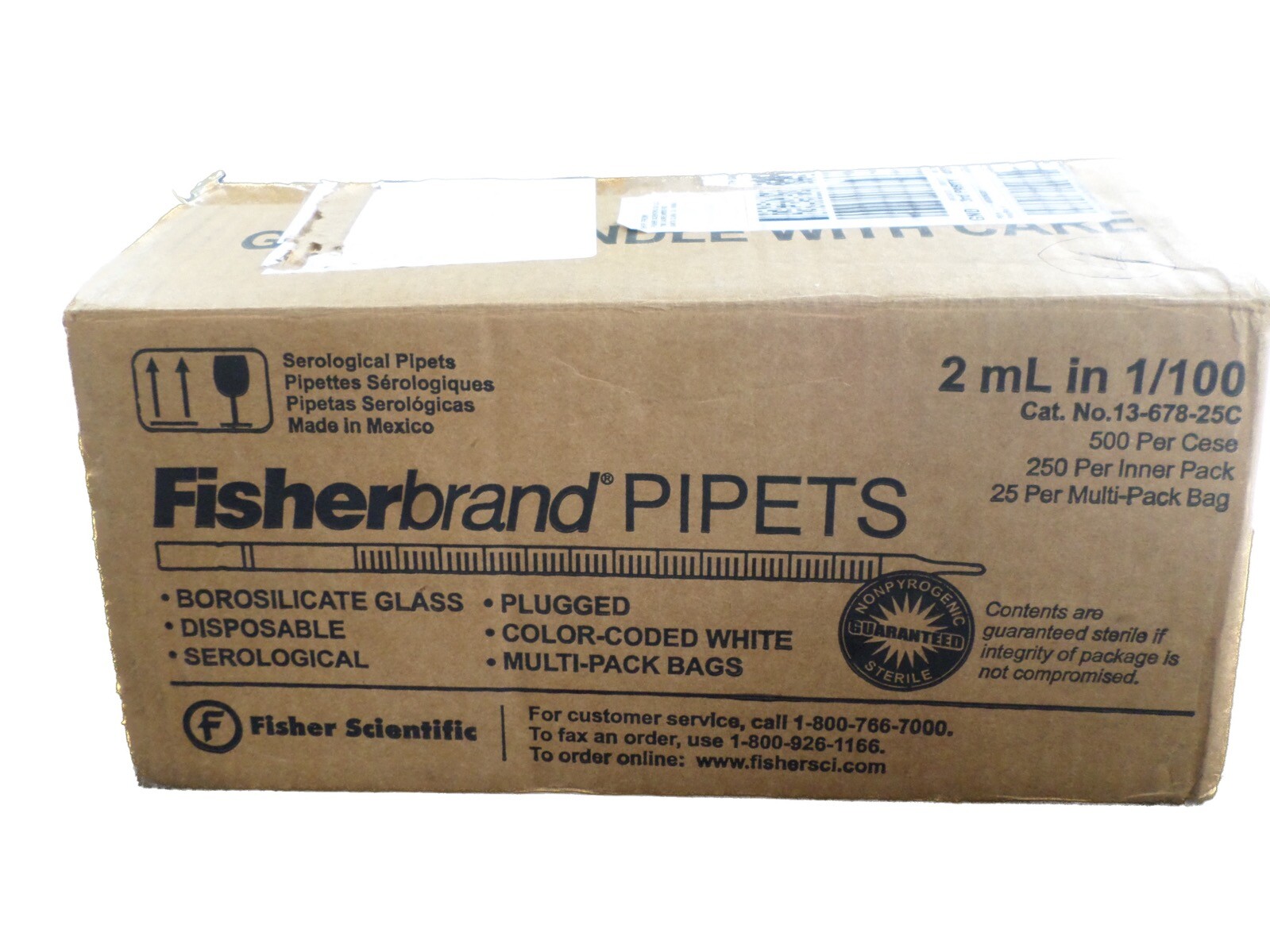 FISHERBRAND 2mL Borosilicate Glass Disposable Serological Pipets 1367825C 450/cs