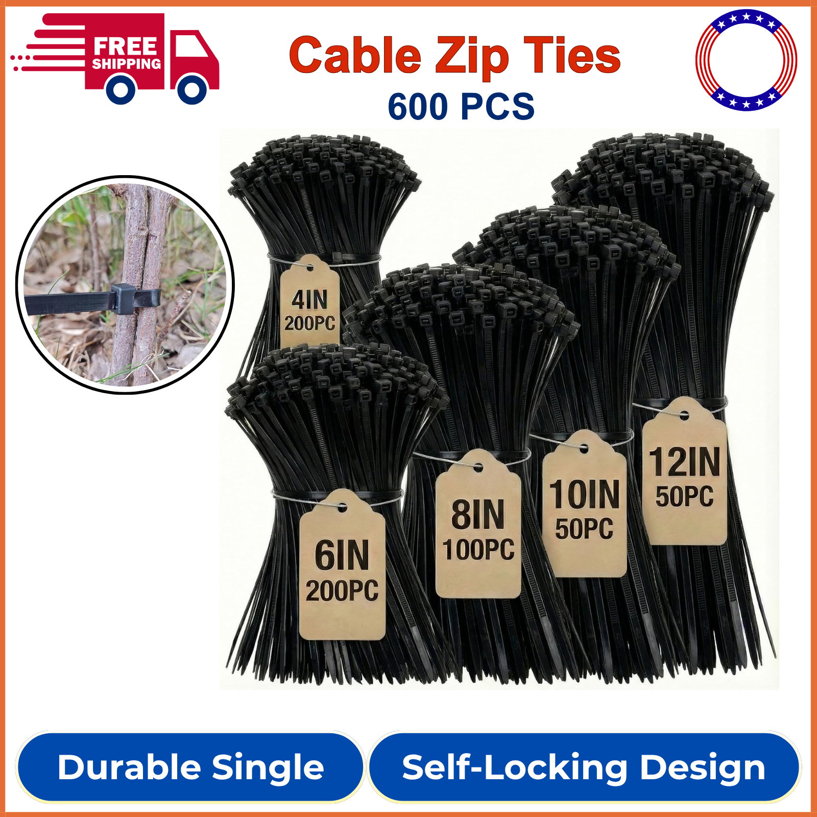 Black Zip Ties Assorted Sizes 4+6+8+10+12-Inch 600PCS Multi-Purpose Self-Locking