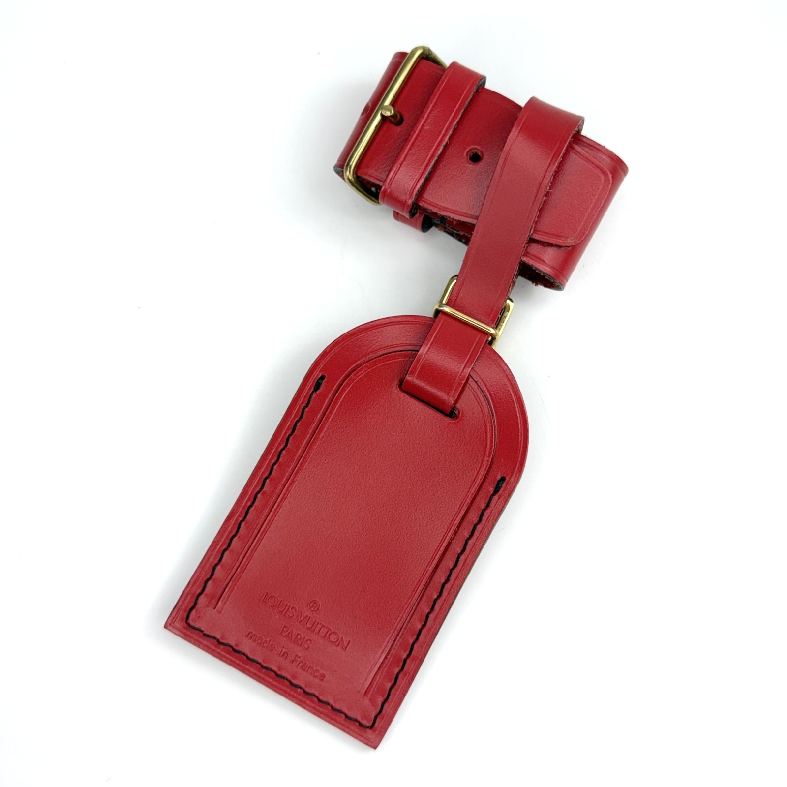 Authentic Louis Vuitton Red Leather Luggage Name Tag & Poignet Set Used Japan