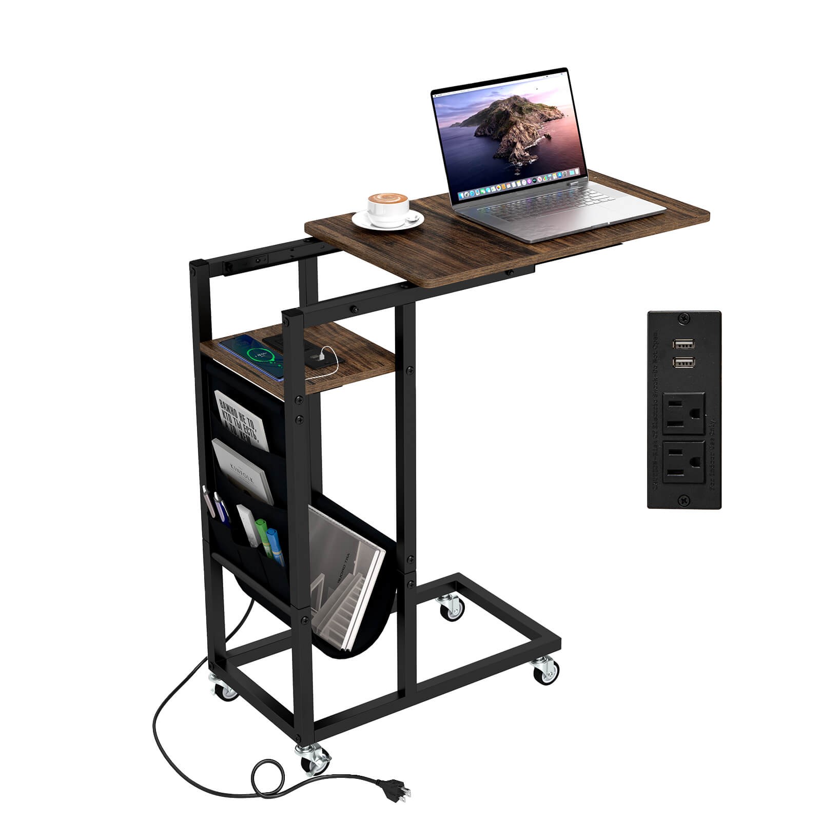 C-shaped End Table w/ Charging Station Rolling Bedside Table Couch Side Table